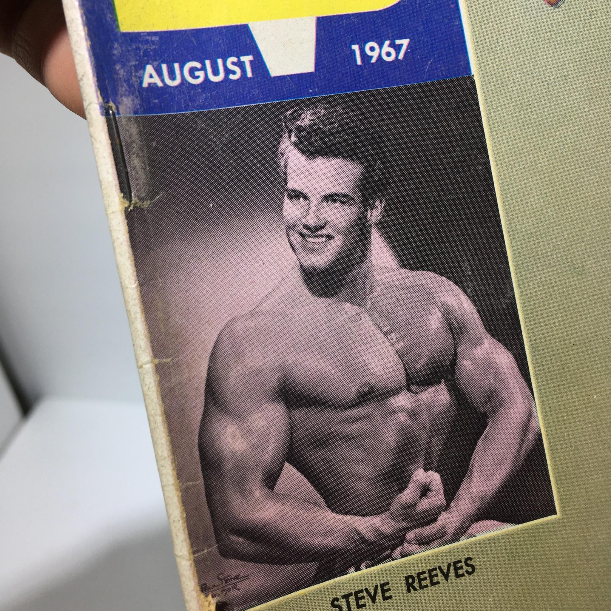 Close-up of Muscular Development Magazine cover from August 1967, highlighting a black and white photo of Steve Reeves, emphasizing vintage bodybuilding aesthetics.