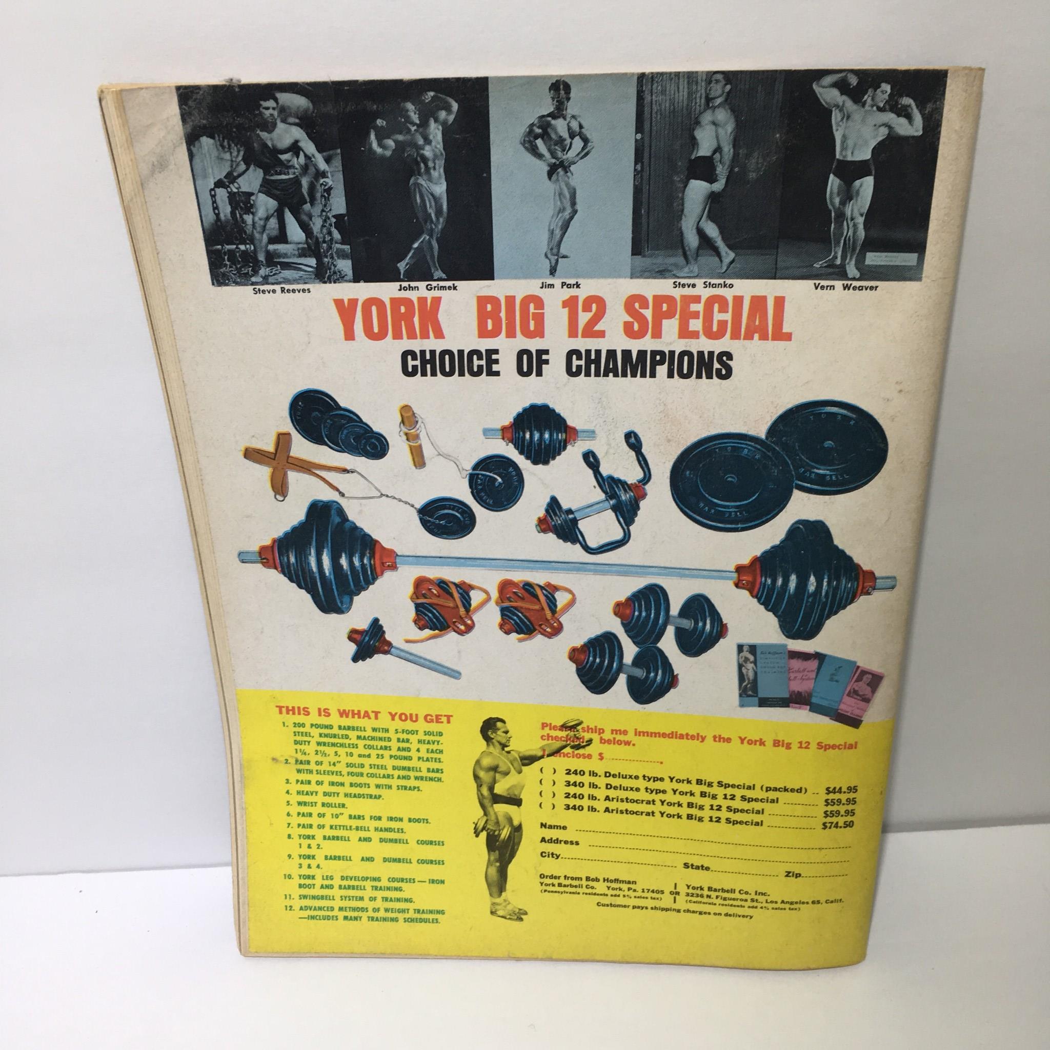 Back cover of the Muscular Development Magazine from August 1967, illustrating the York Big 12 Special equipment and featuring historical bodybuilders, aligned with fitness culture.