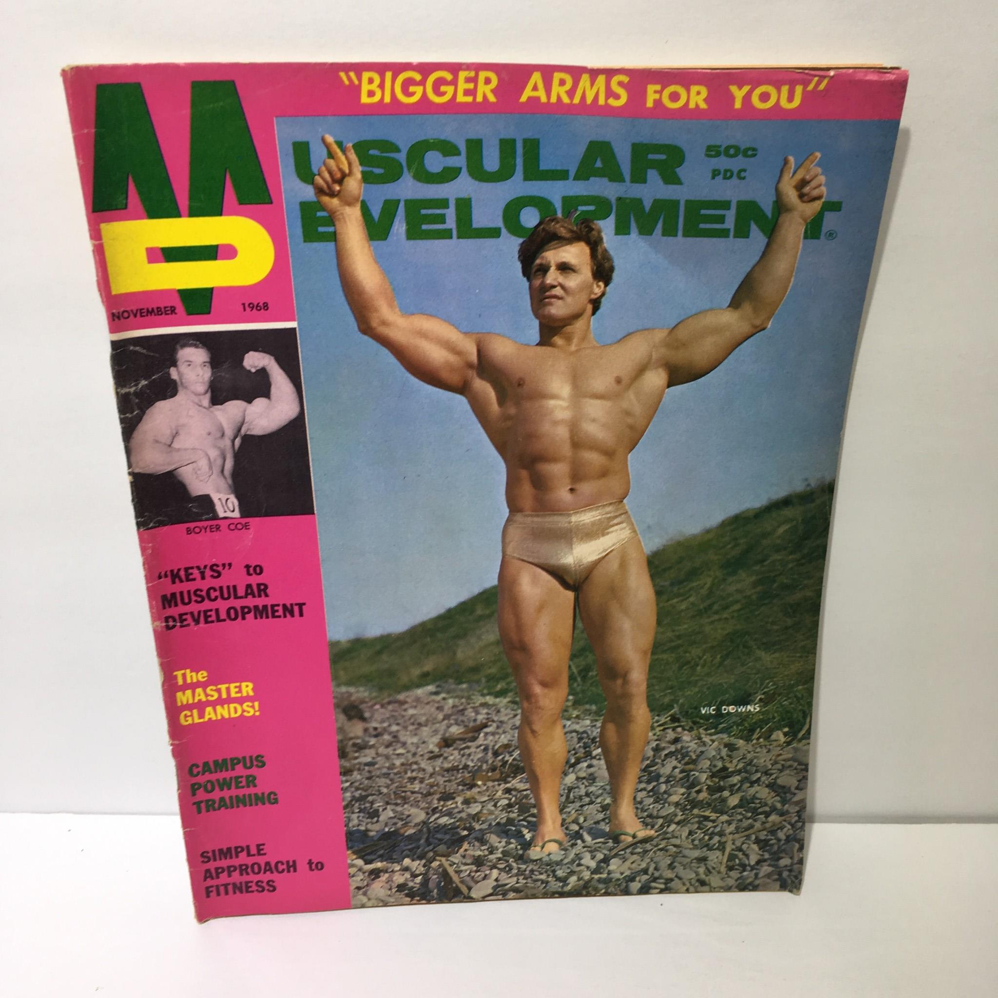 Cover of Muscular Development Magazine featuring Vic Downs, November 1968, showcasing bodybuilding with the tagline 'Bigger Arms for You'.
