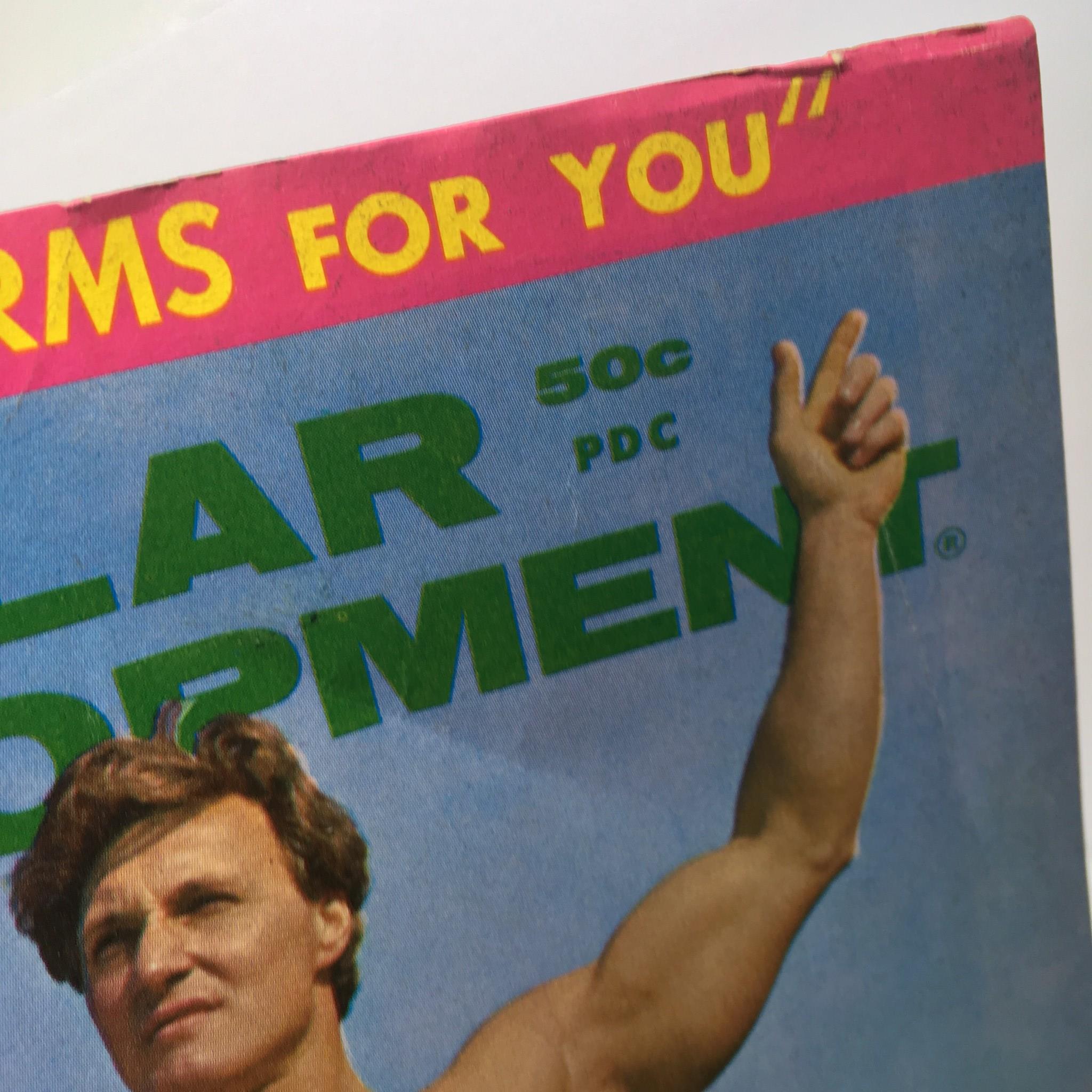 Close-up of the cover of Muscular Development Magazine, November 1968, highlighting the title and tagline 'Bigger Arms for You'.
