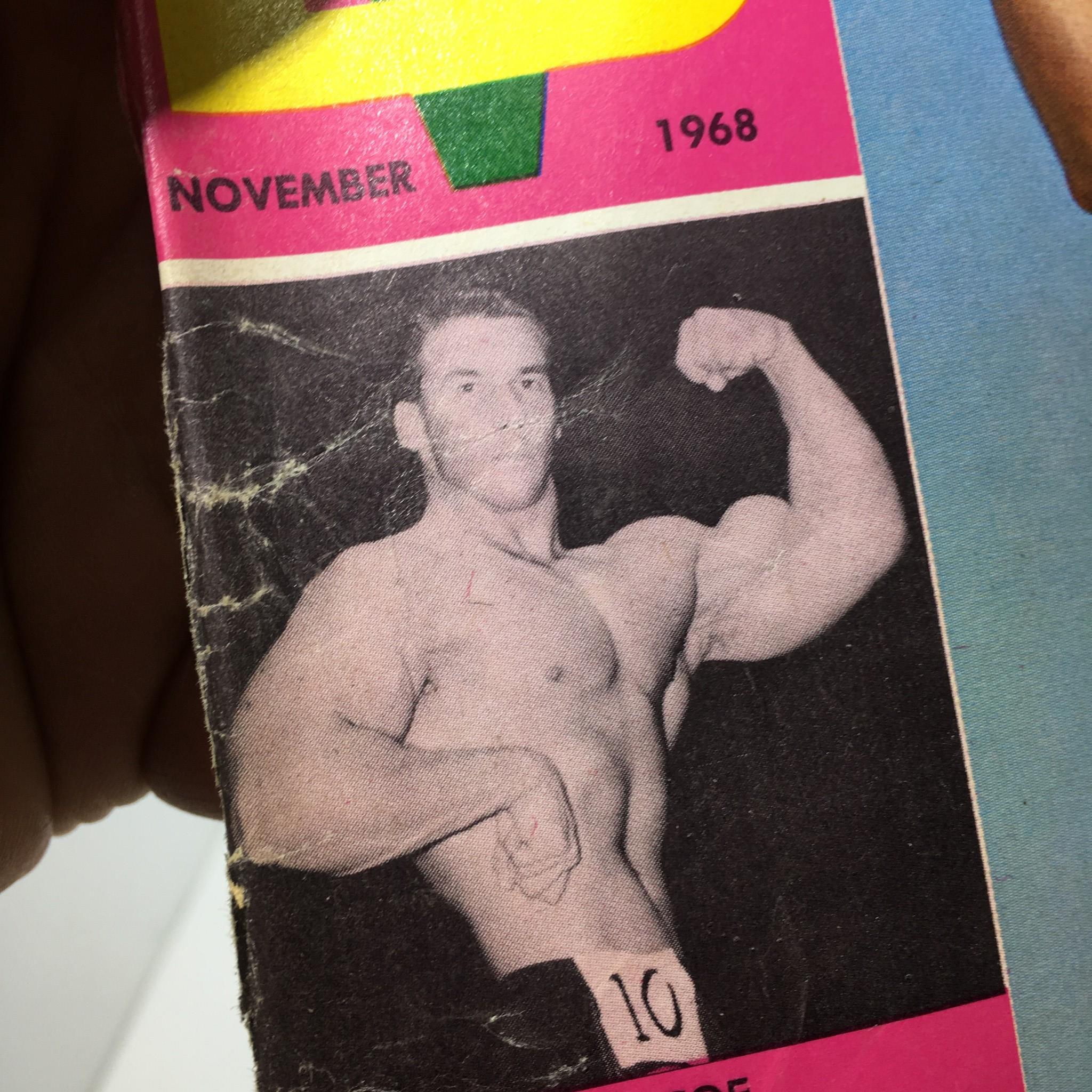 Side view of Muscular Development Magazine cover, November 1968, displaying a black and white image of bodybuilder Boyer Coe.