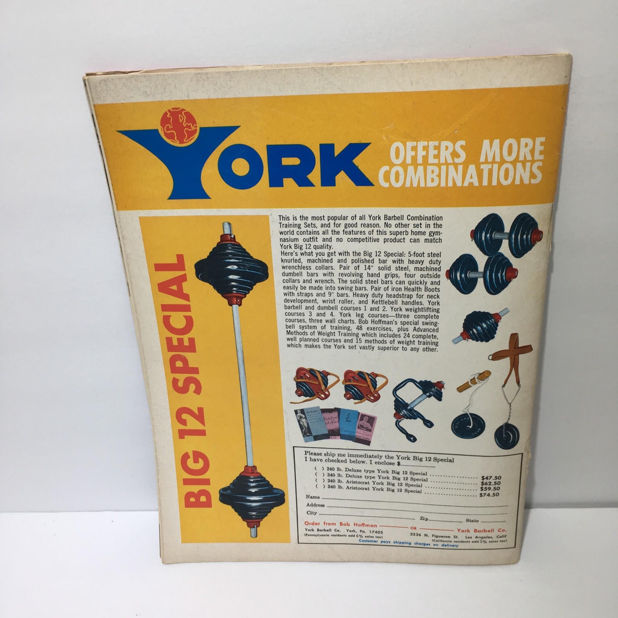 Back cover of the York barbell training set advertisement, featuring the Big 12 Special, promoting weightlifting and fitness equipment. Includes graphics of weights and accessories, titled 'York Offers More Combinations'.
