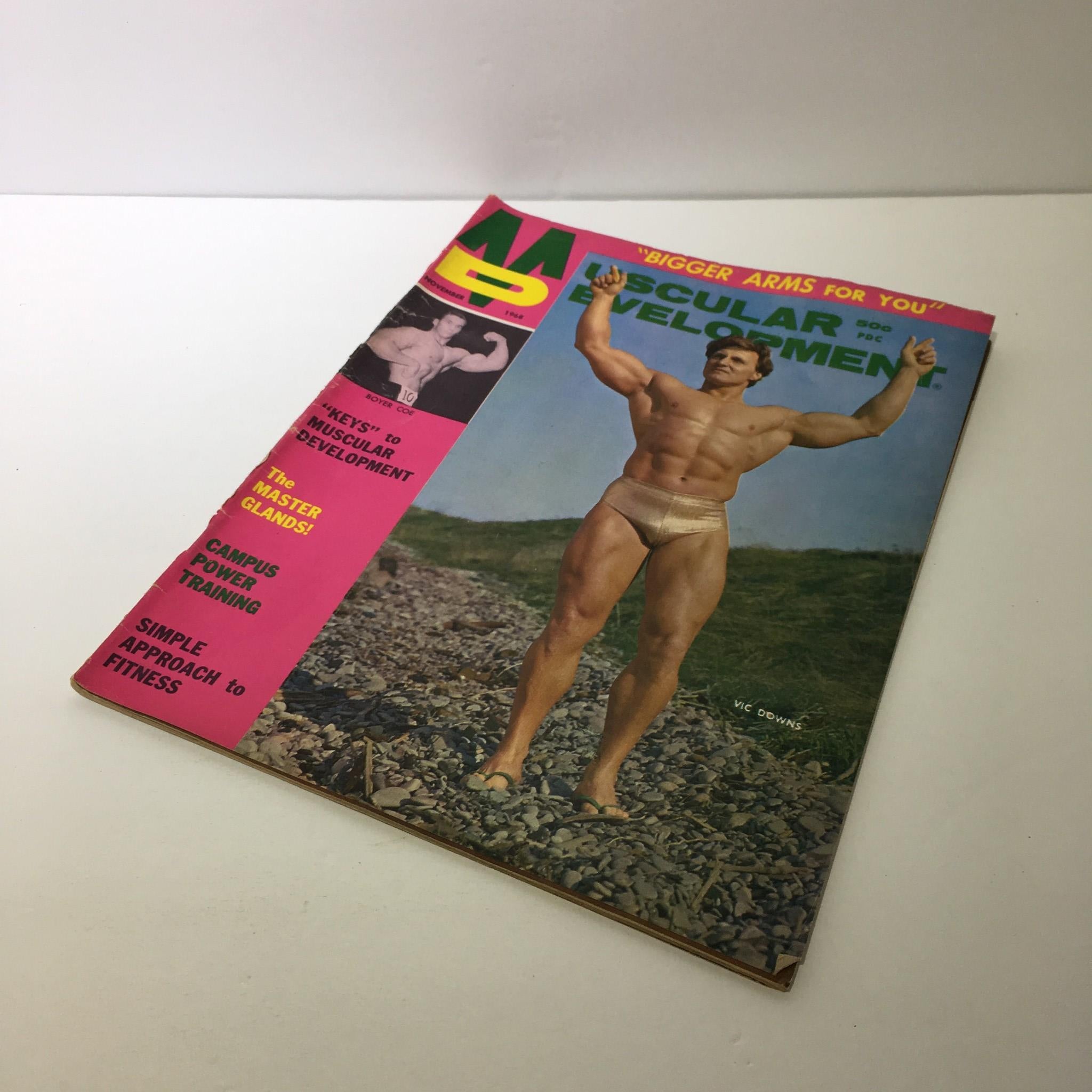 Cover of Muscular Development Magazine November 1968 featuring Vic Downs, showcasing a muscular physique outdoors, highlighting the era's fitness culture and bodybuilding trends.