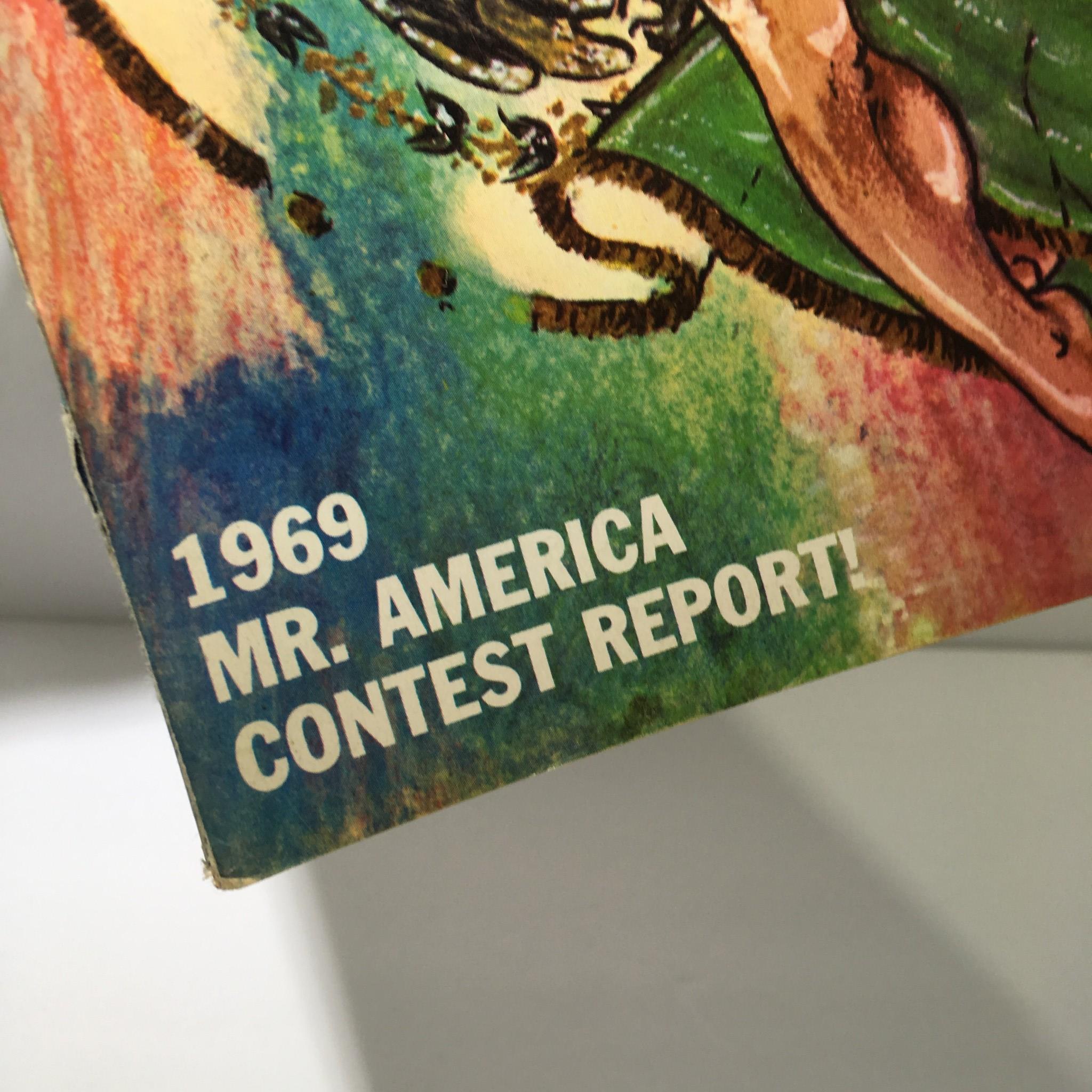 Close-up of the text on the cover of Muscular Development Magazine 1969 Mr. America Contest Report, highlighting the contest title and date.