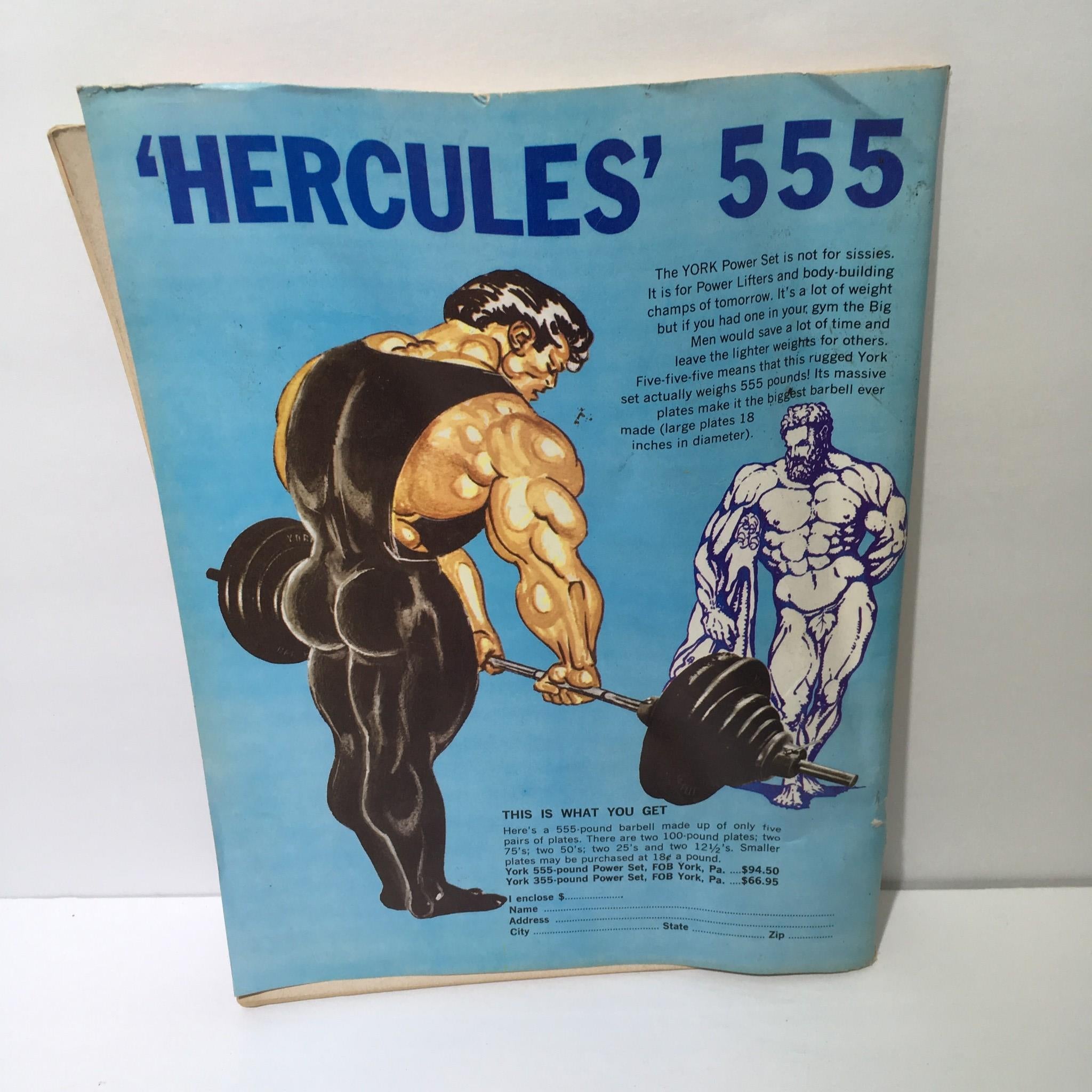 Cover image of Muscular Development Magazine 1969 Mr. America Contest Report featuring a colorful illustration of a bodybuilder lifting weights, promoting the York Power Set, capturing the essence of bodybuilding culture in 1969.