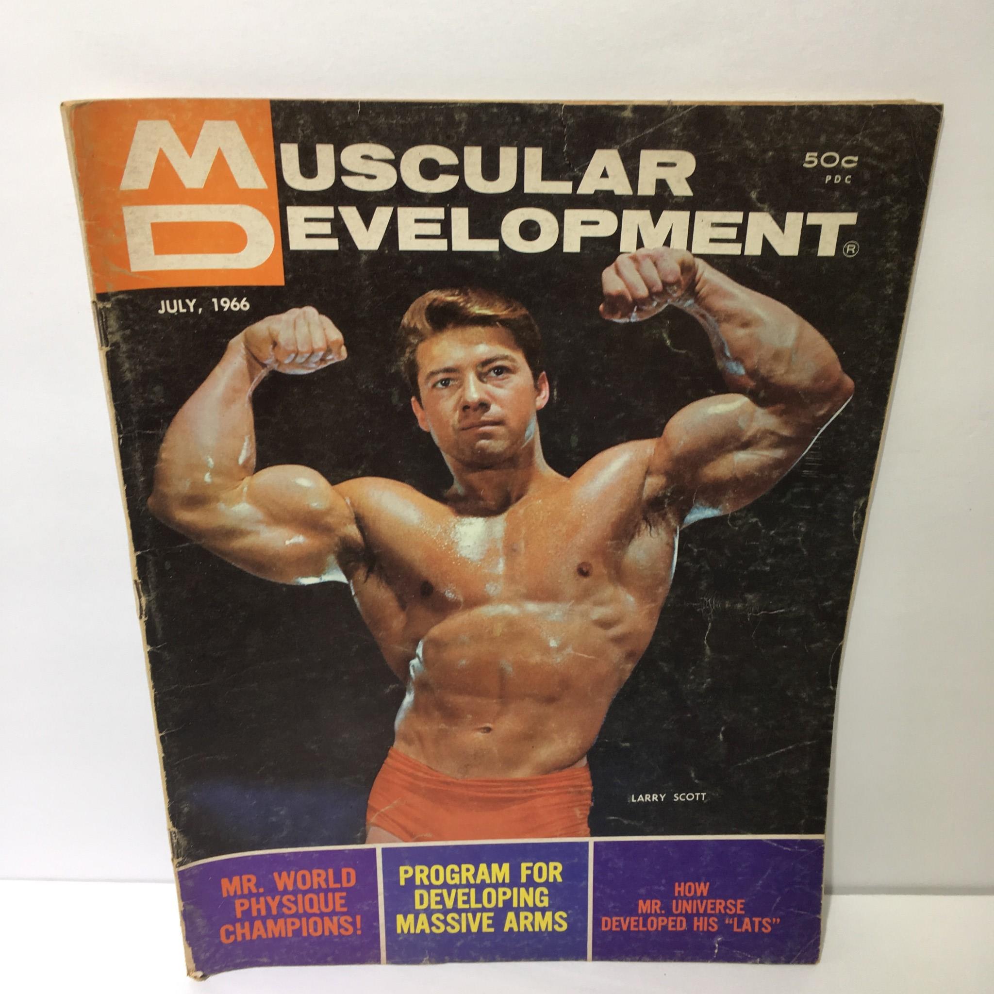 Cover of Muscular Development Magazine July 1966 featuring Larry Scott showcasing a muscular physique with a title highlighting fitness topics.