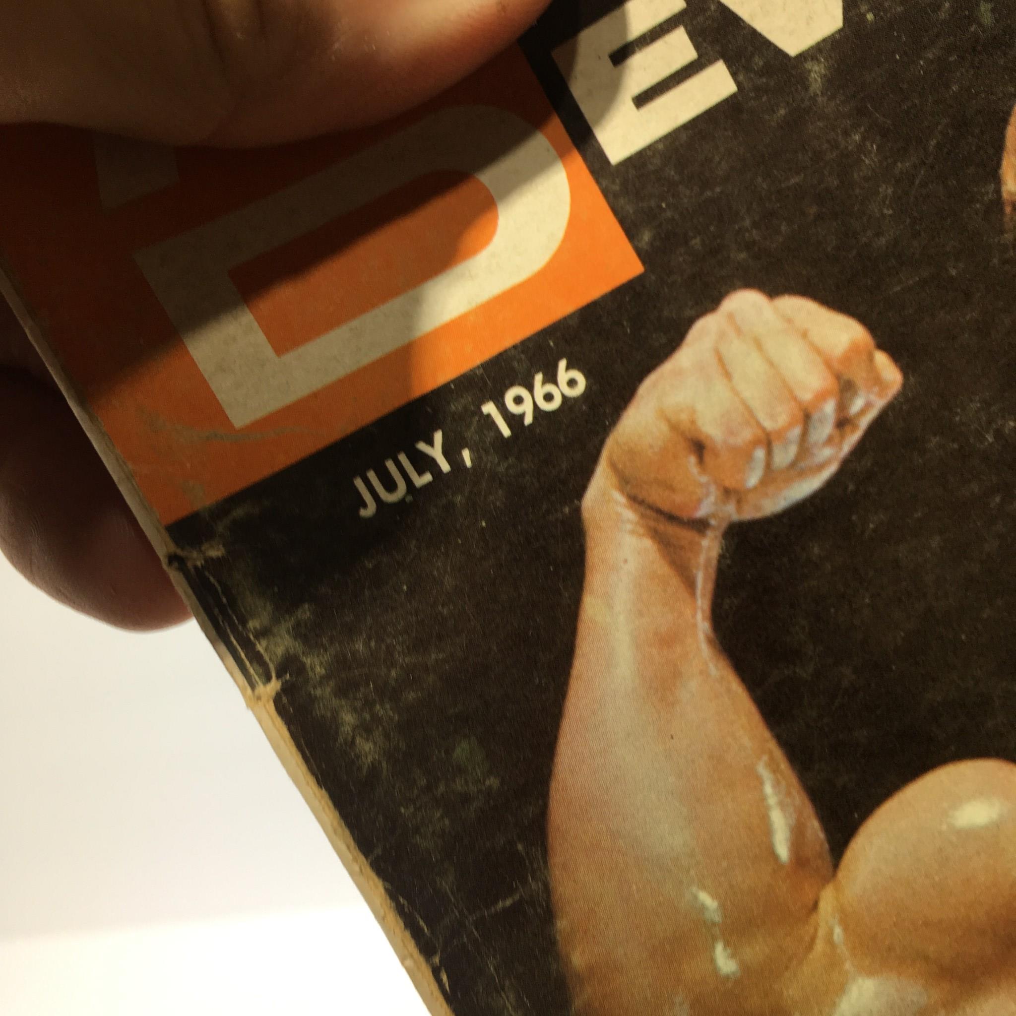 Close-up of Muscular Development Magazine July 1966 showing the date and logo, emphasizing its vintage appeal for fitness collectors.