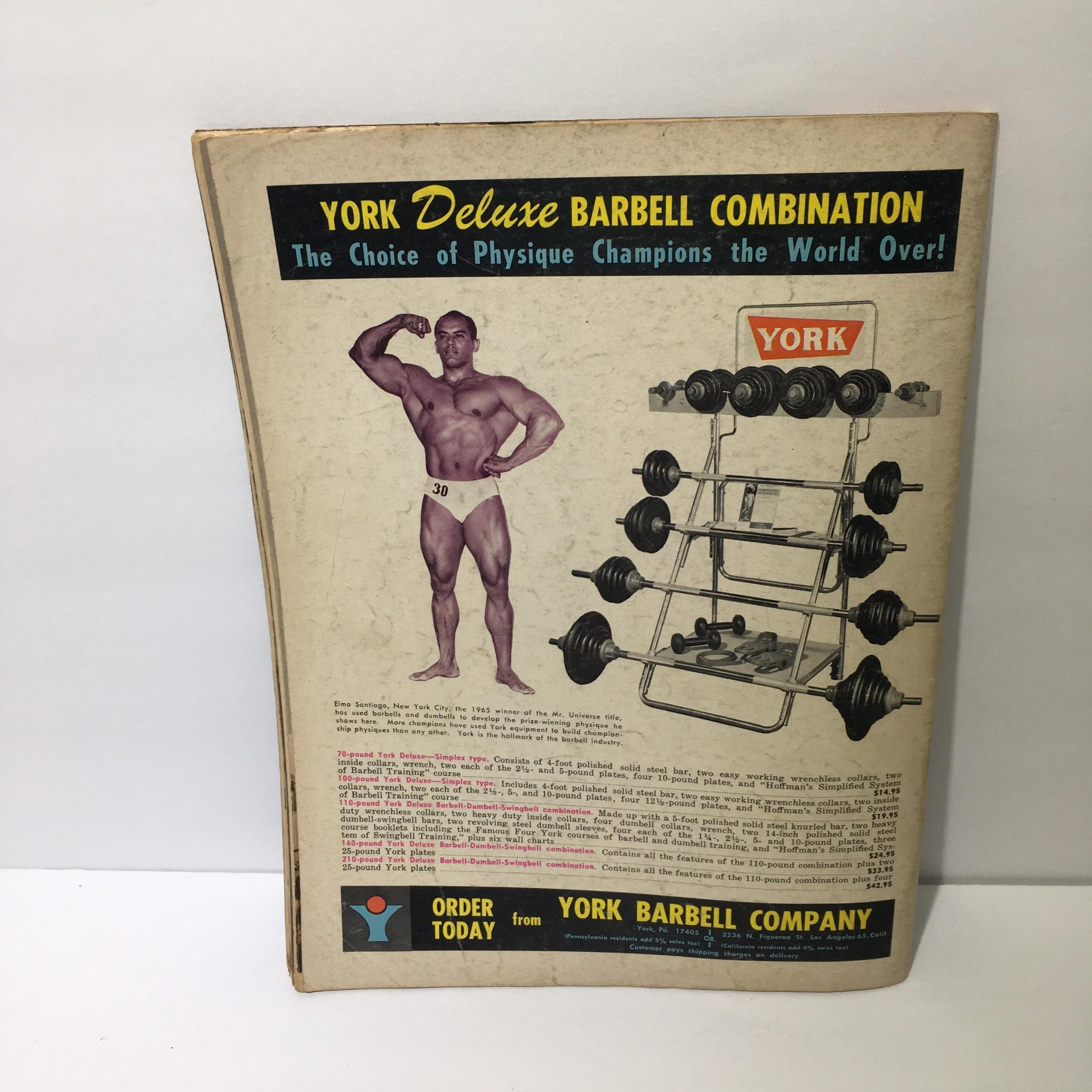 Advertisement page from the July 1966 edition of Muscular Development Magazine, promoting the York Deluxe Barbell Combination with a vintage physique champion image.