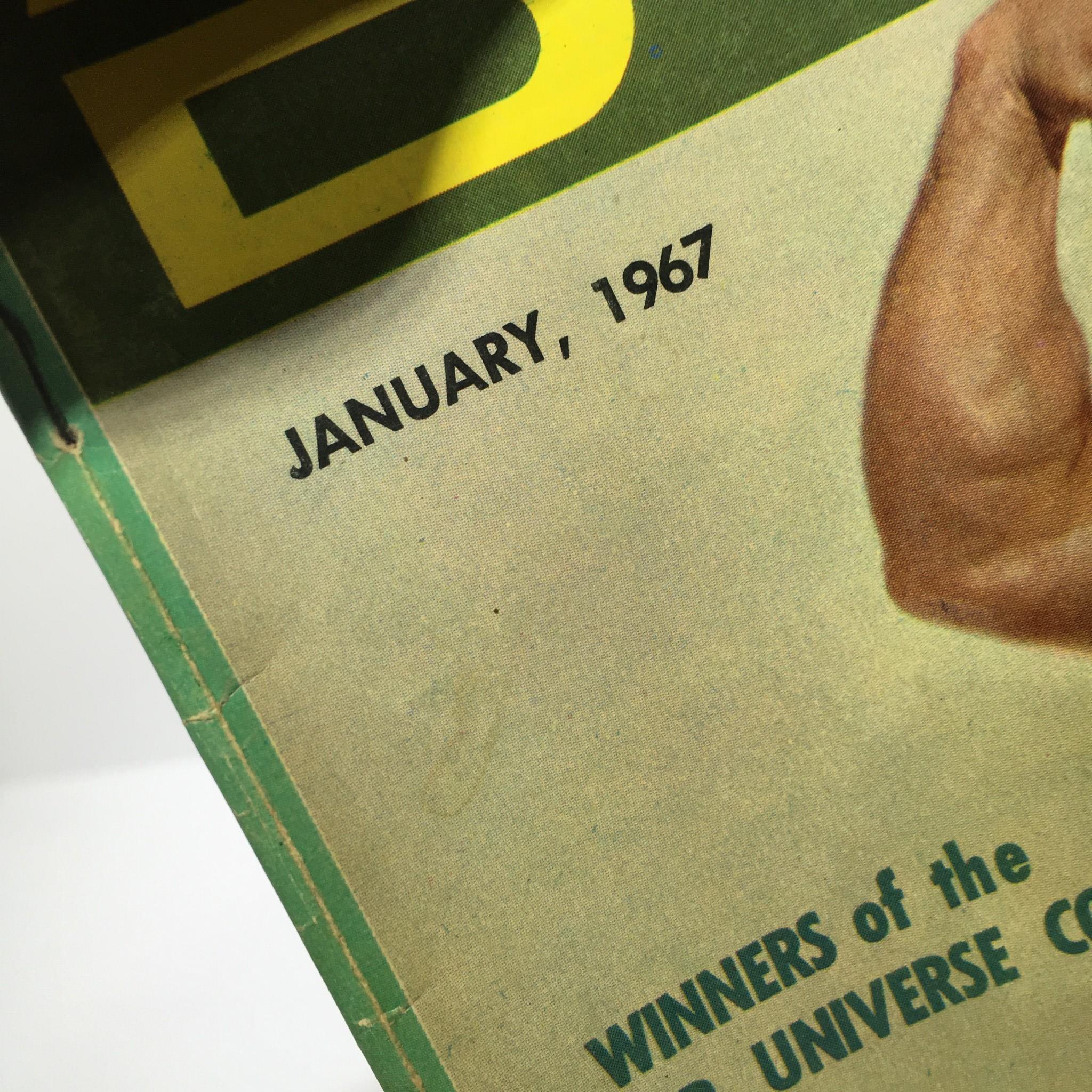 Cover detail of Muscular Development Magazine featuring Freddy Ortiz, January 1967, showcasing the publication date.