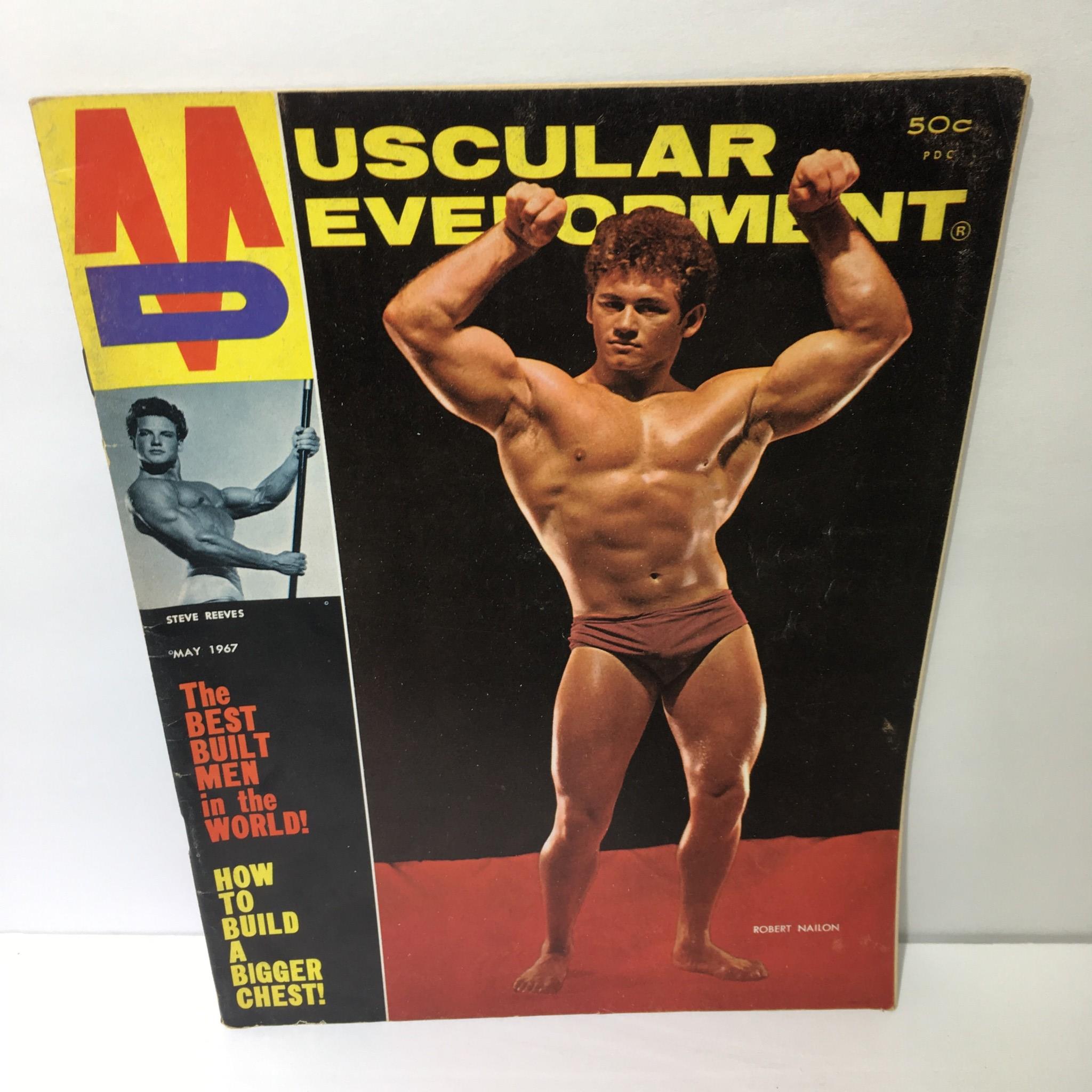 Cover of Muscular Development Magazine May 1967 featuring Robert Nailon showcasing his physique and bodybuilding pose.