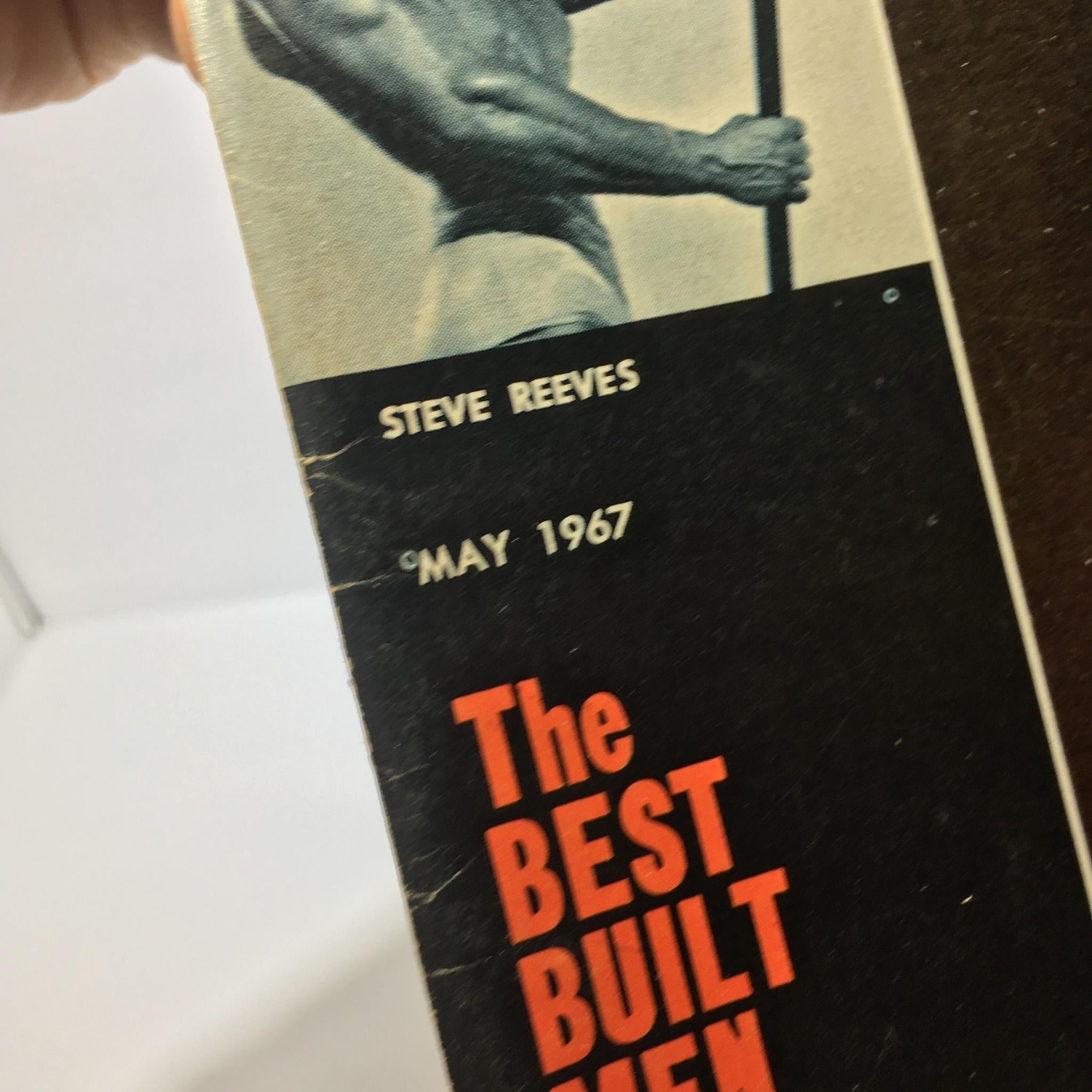 Close-up of the title banner from Muscular Development Magazine May 1967 featuring Steve Reeves and details about the issue.