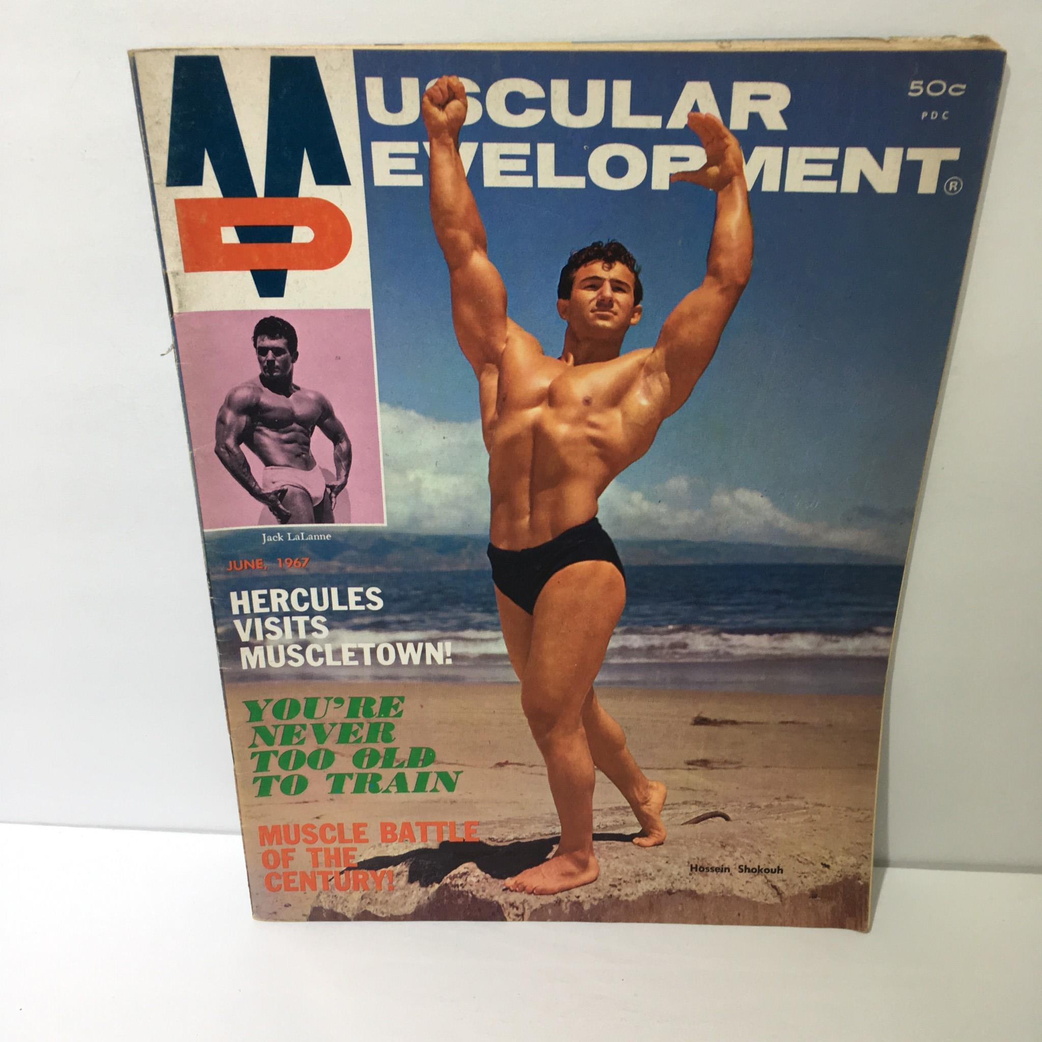 Muscular Development Magazine featuring Hossein Shokouh on the cover, June 1967 edition. The cover showcases Hossein in a muscle pose against a beach backdrop, highlighting bodybuilding culture from the 1960s.