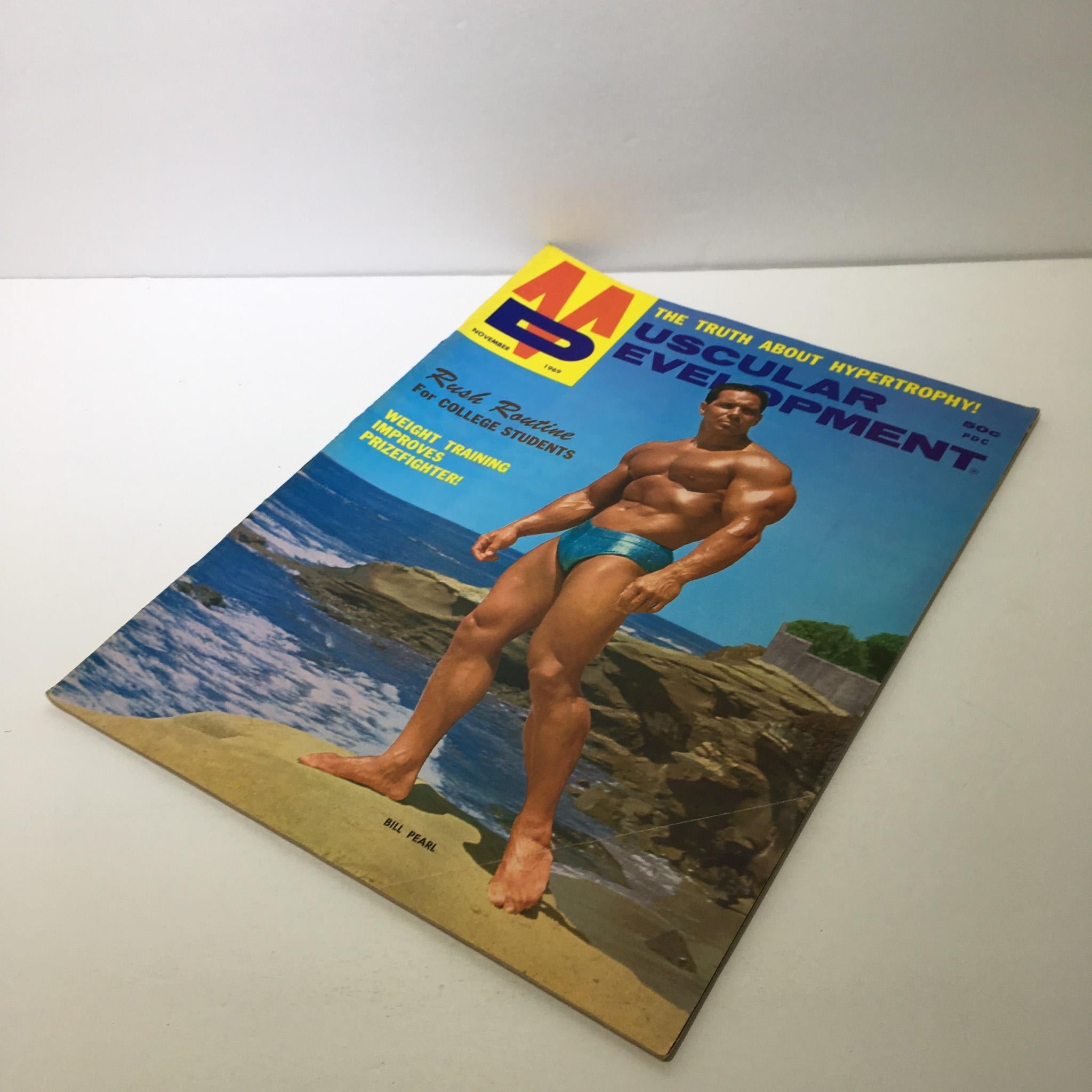 Cover of Muscular Development Magazine featuring Bill Pearl, November 1969 issue, showcasing bodybuilding tips and training advice against a scenic beach background.