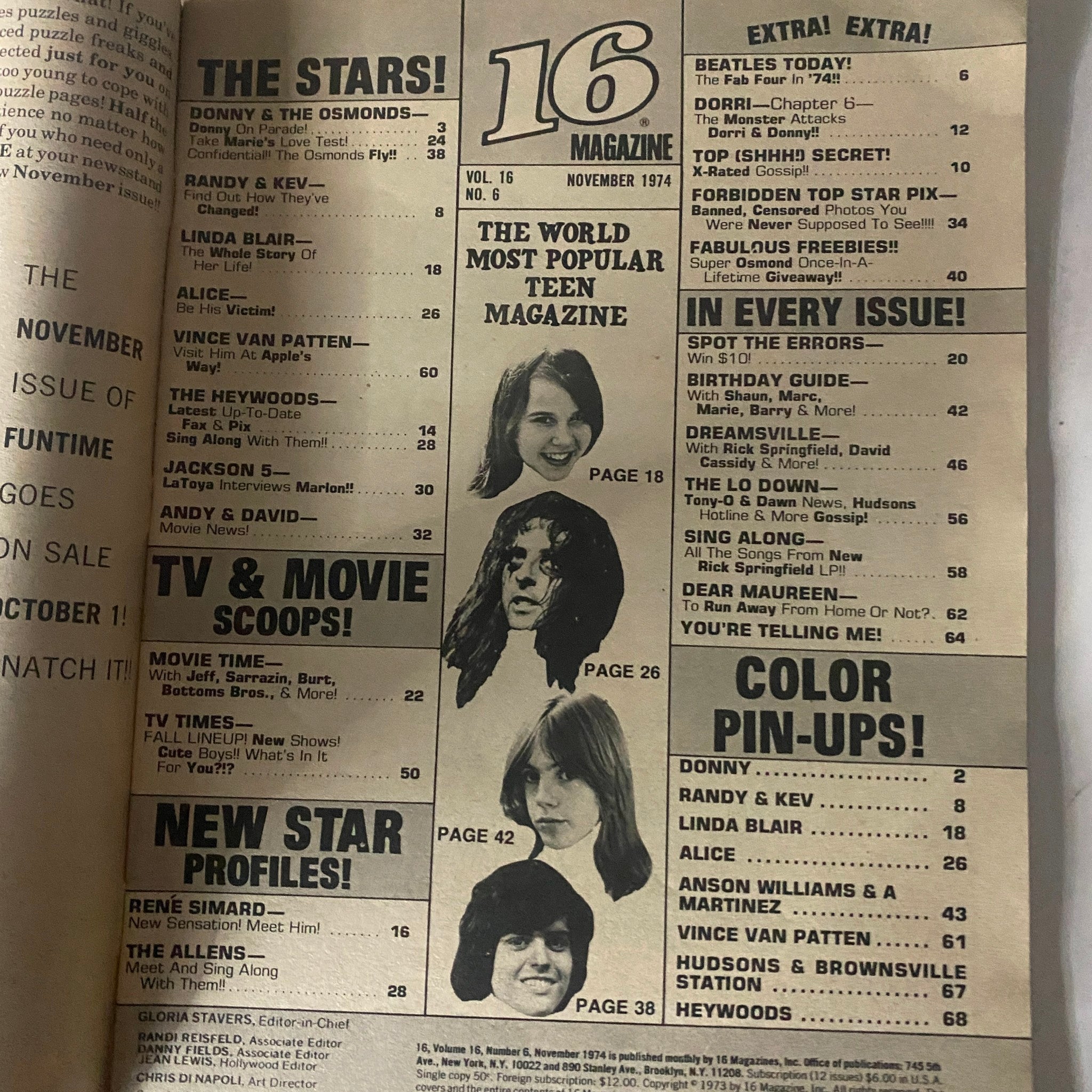 VTG 16 Magazine November 1974 Donny & The Osmonds, Linda Blair w Poster