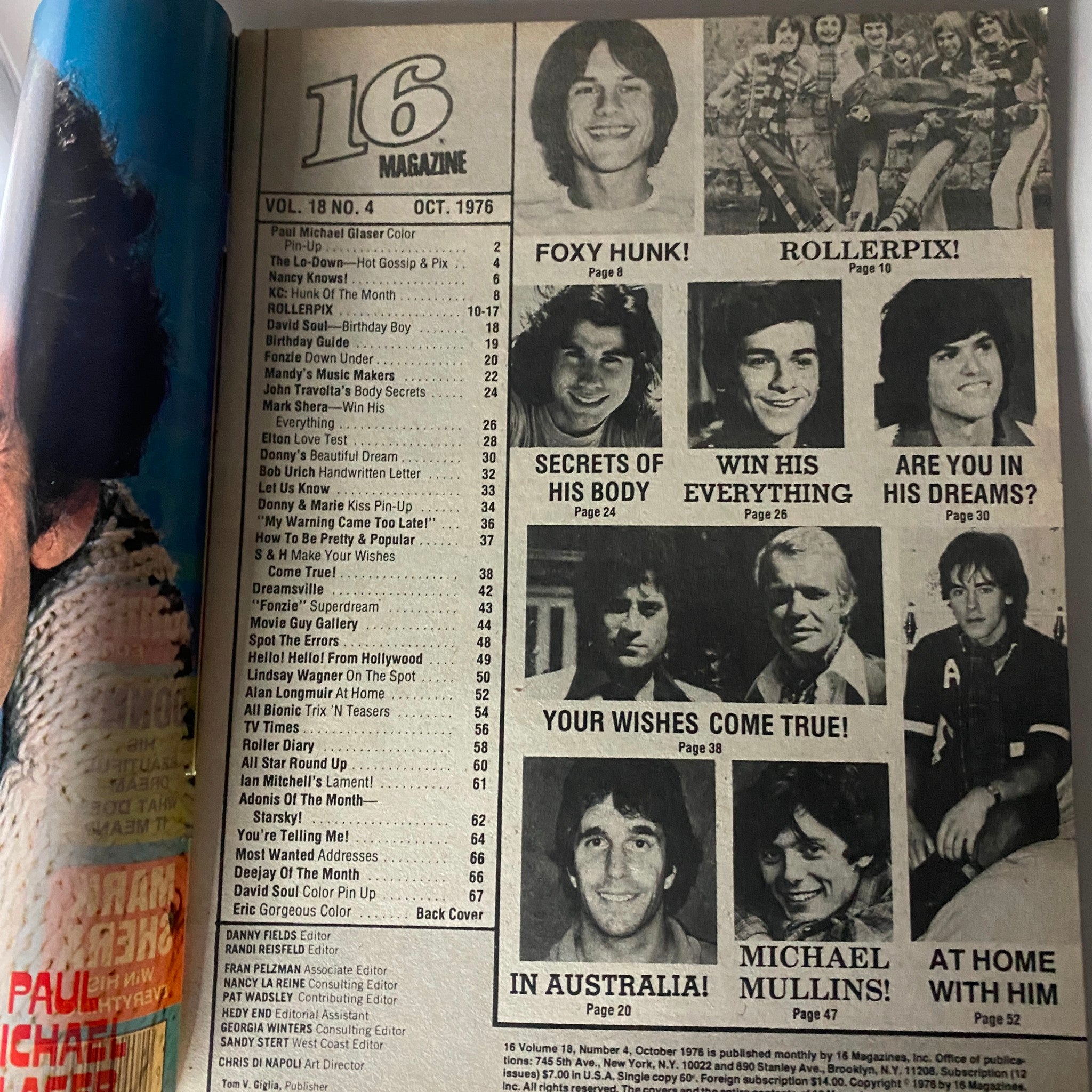 Inside page of VTG 16 Magazine October 1976 showing the table of contents with various magazine features including profiles of stars and entertainment articles.