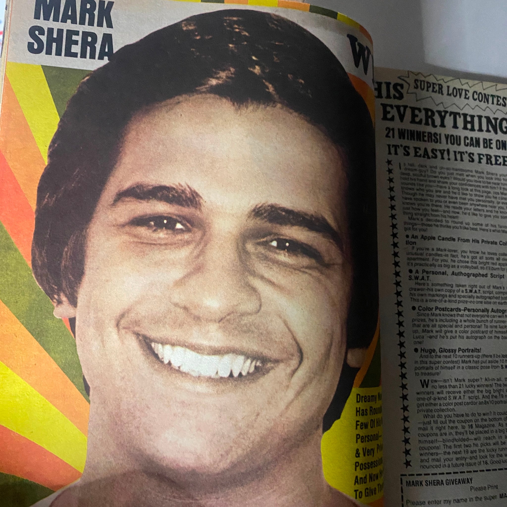 Portrait page of Mark Shera featured in VTG 16 Magazine from October 1976, displaying his vibrant smile and engaging article highlights.