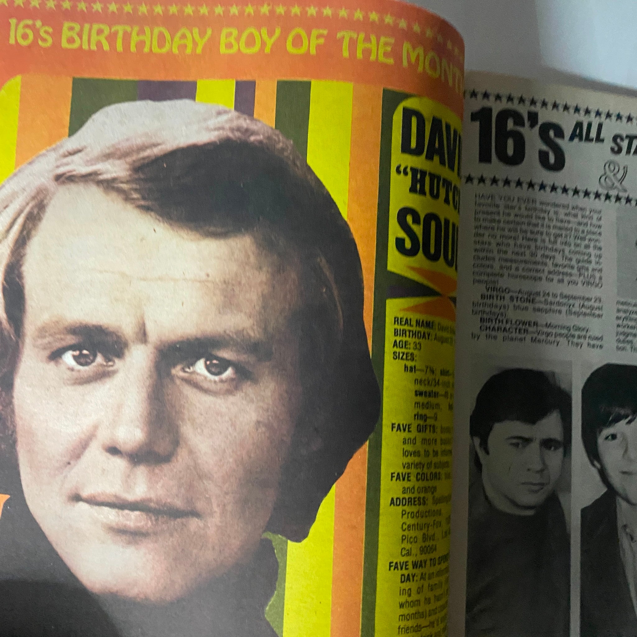 Profile of David Hutch from the VTG 16 Magazine October 1976, celebrating his birthday with a colorful layout and featured highlights from the magazine.