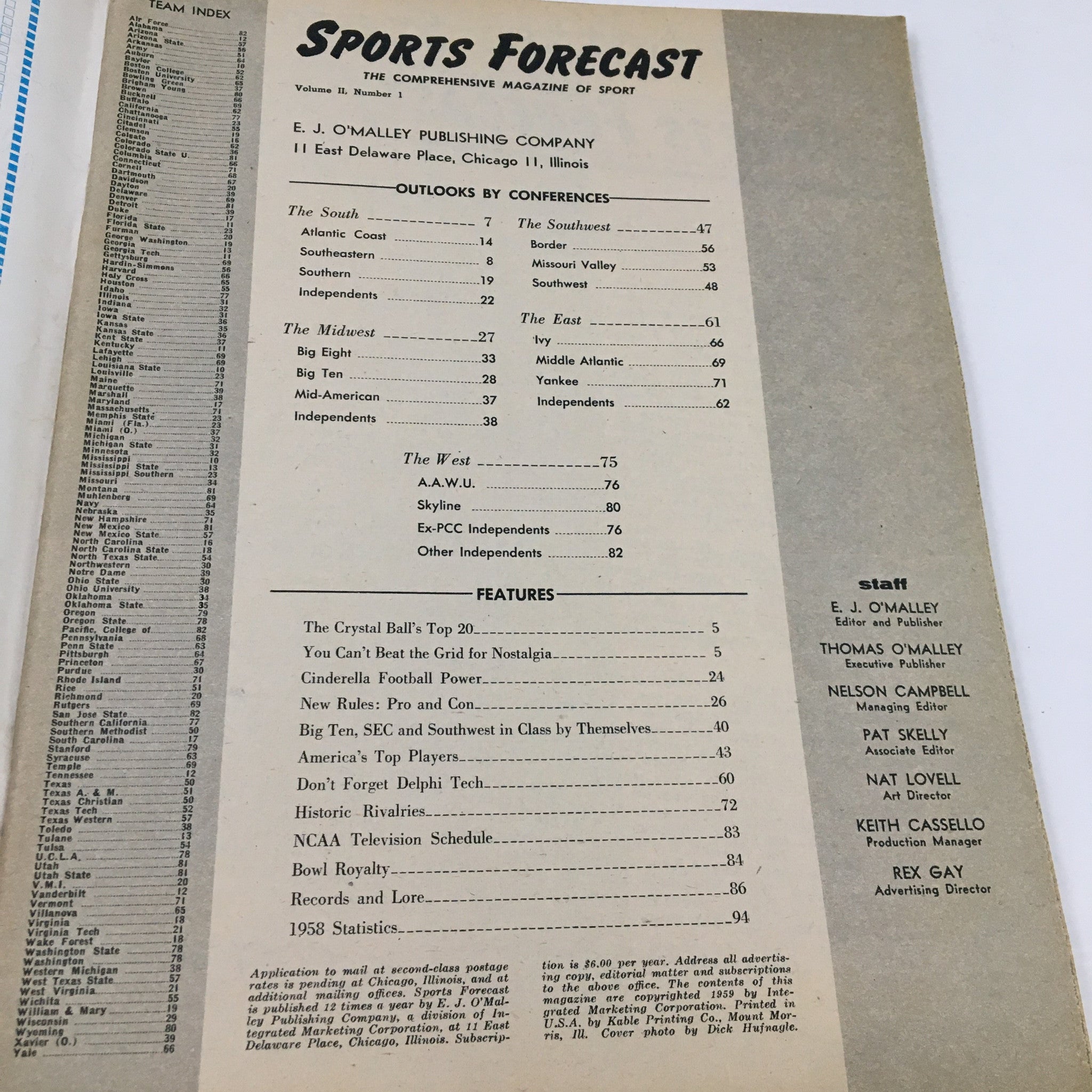 Sports Forecast Magazine Vol. 2 No. 1 1958 The Crystal Ball's Top 20 No Label