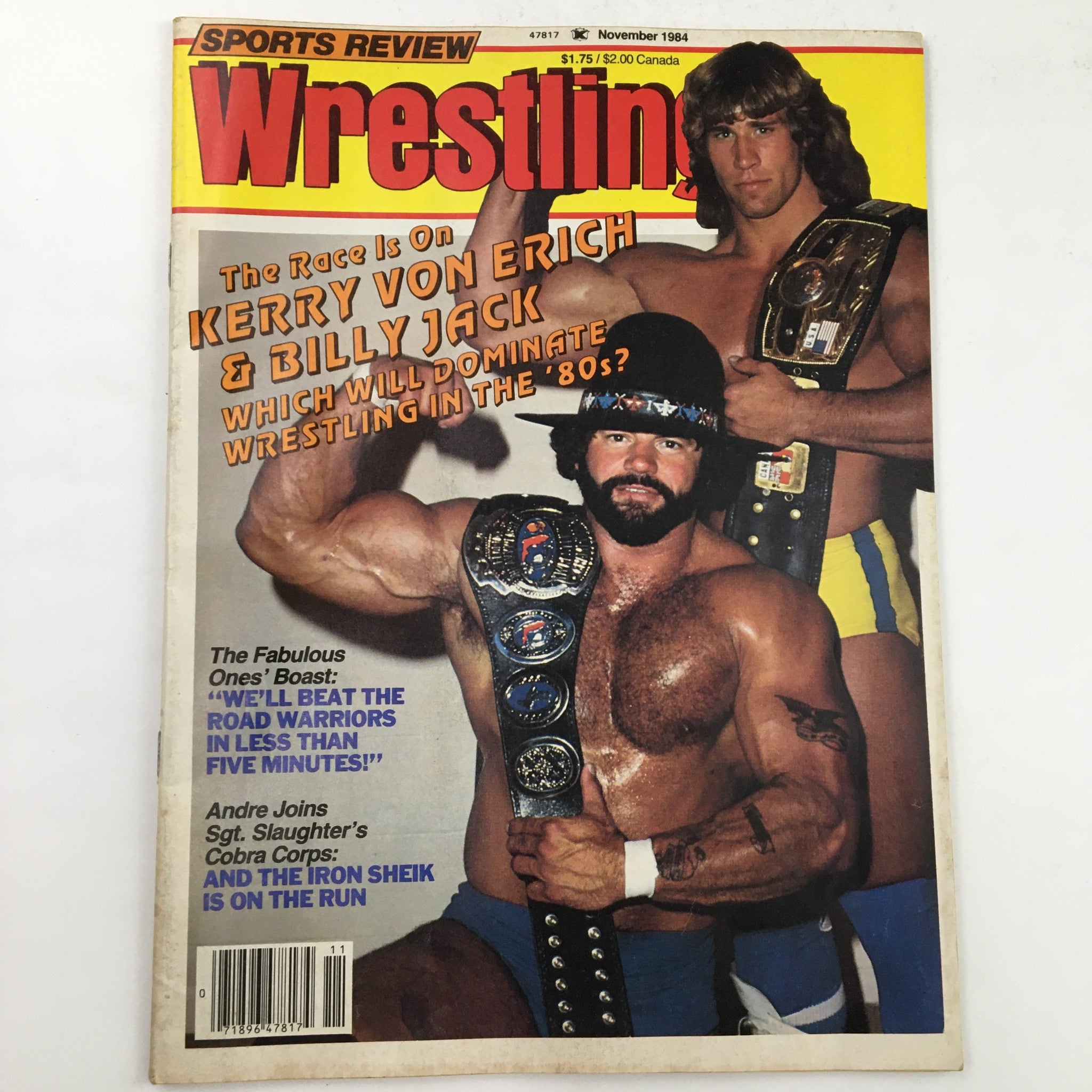 Cover of Sports Review Wrestling Magazine November 1984 featuring Kerry Von Erich and Billy Jack showcasing their championship belts.