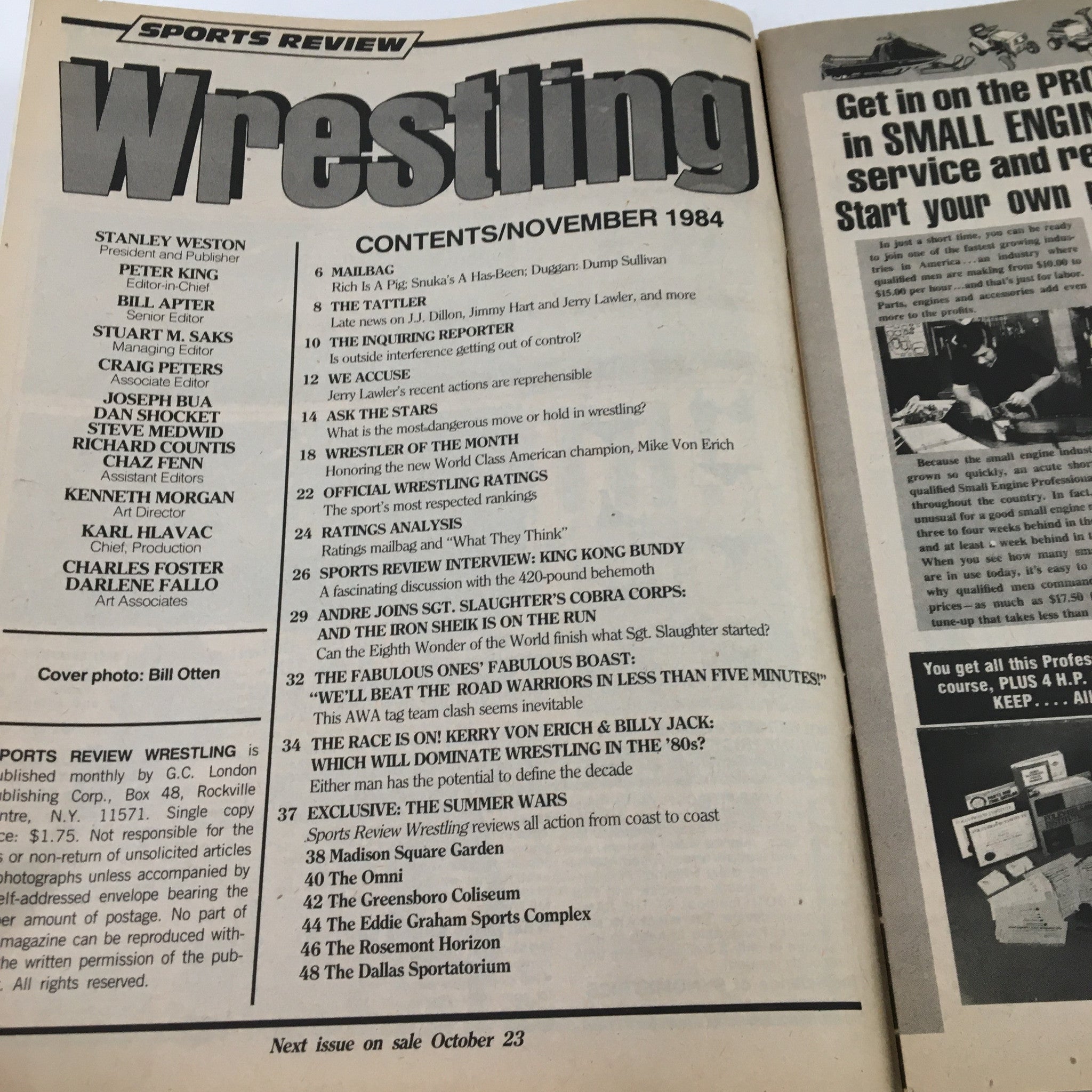 Table of contents for Sports Review Wrestling Magazine November 1984 highlighting articles and features about wrestling.
