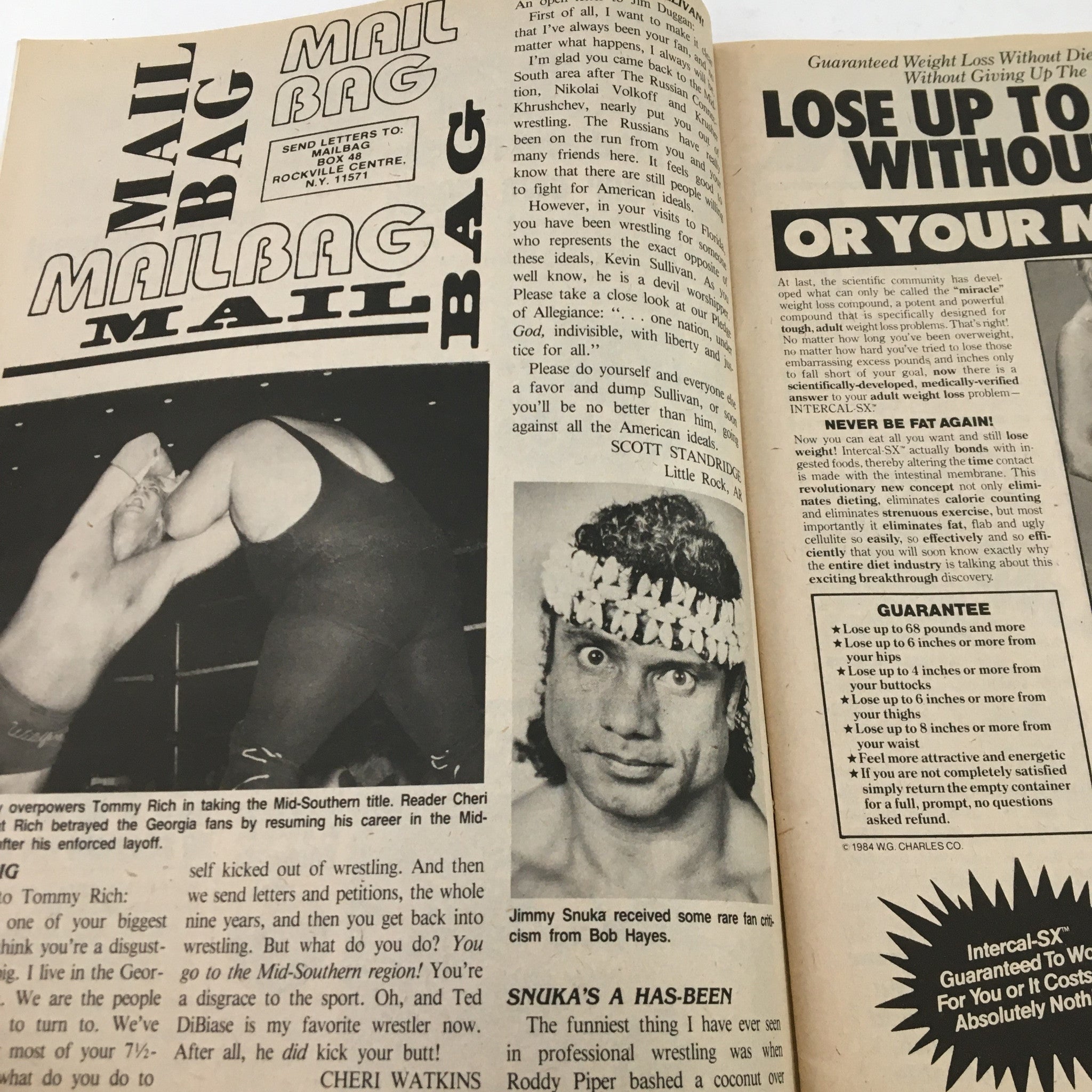 Inside page of Sports Review Wrestling Magazine November 1984 showing a letter section titled Mail Bag, featuring wrestlers Tommy Rich and Jimmy Snuka.