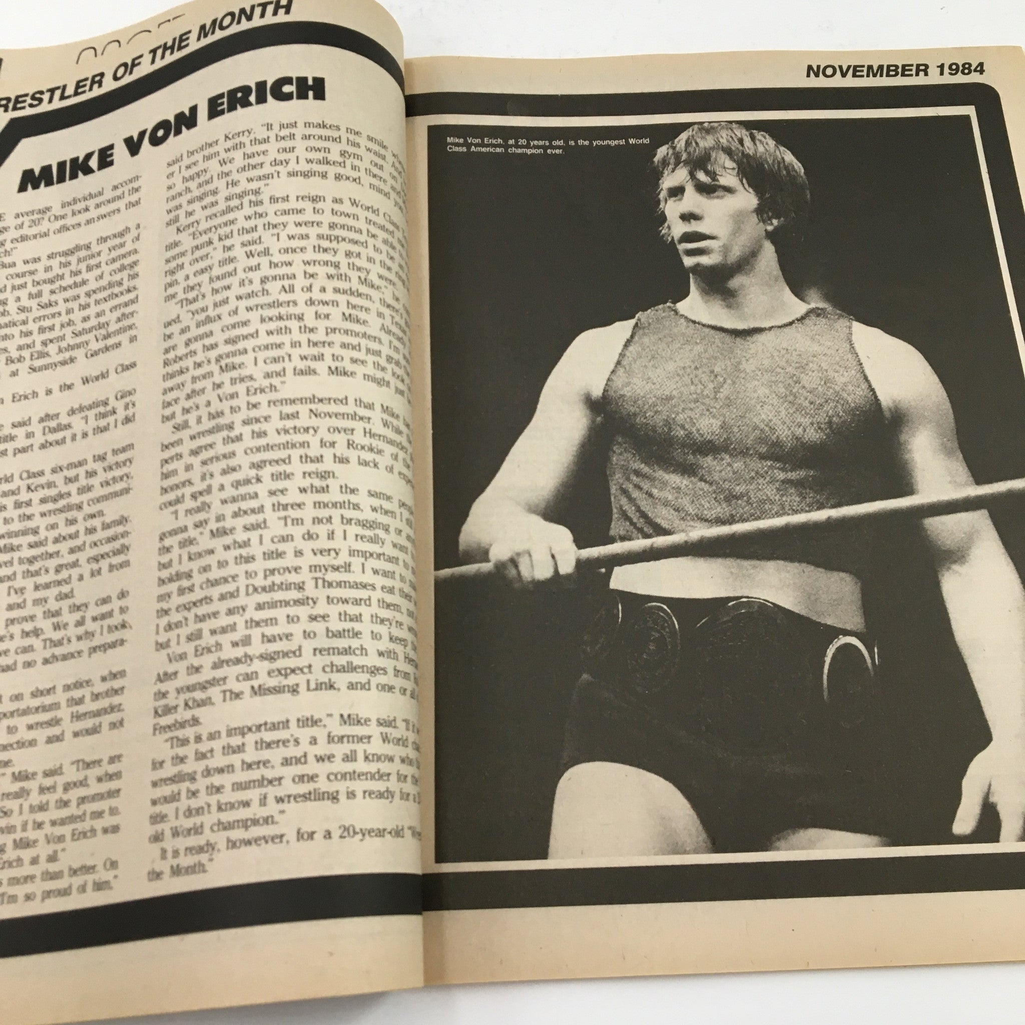 Feature article in Sports Review Wrestling Magazine November 1984 highlighting Mike Von Erich as the Wrestler of the Month with a black-and-white photograph.