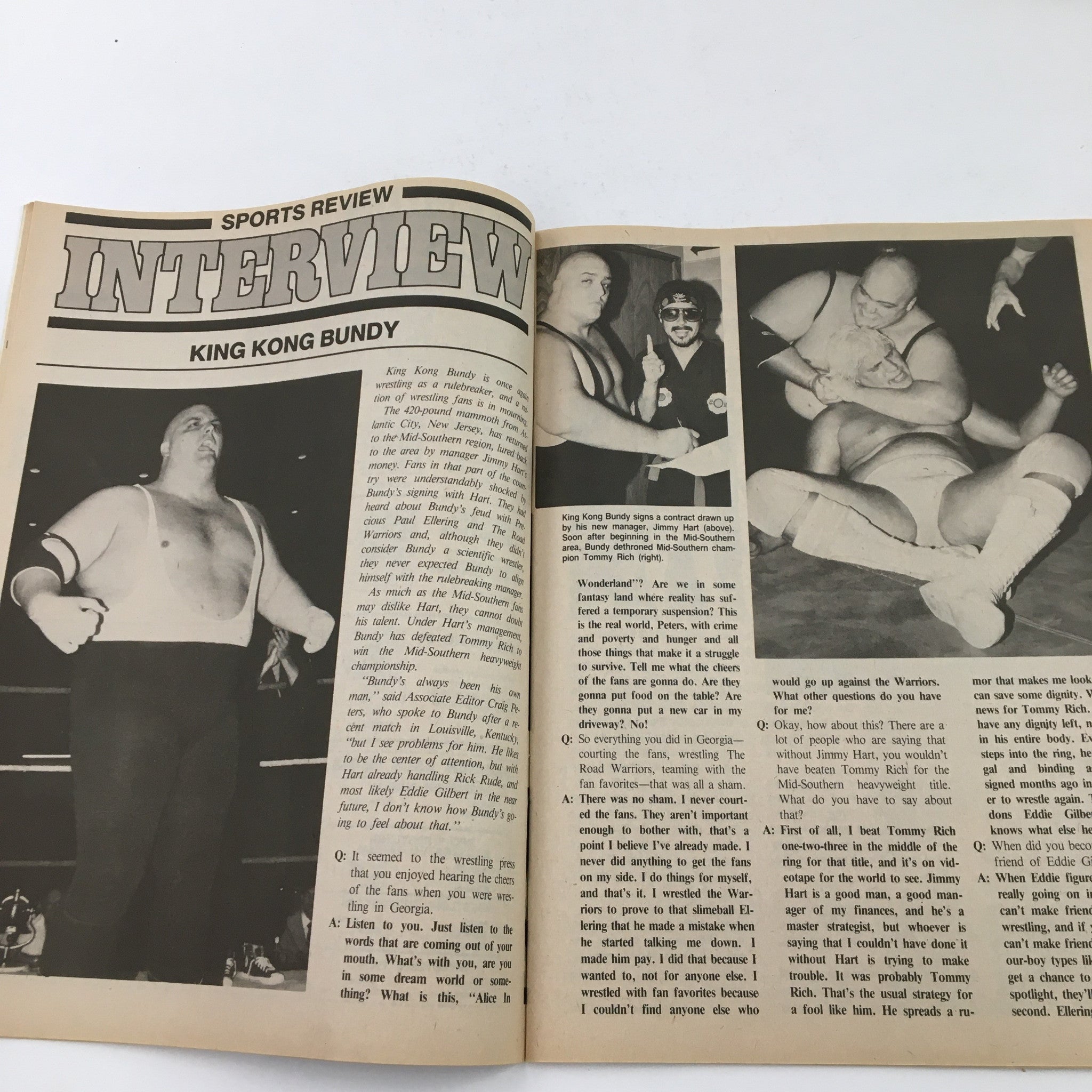 Interview section in Sports Review Wrestling Magazine November 1984 featuring King Kong Bundy discussing his wrestling career.