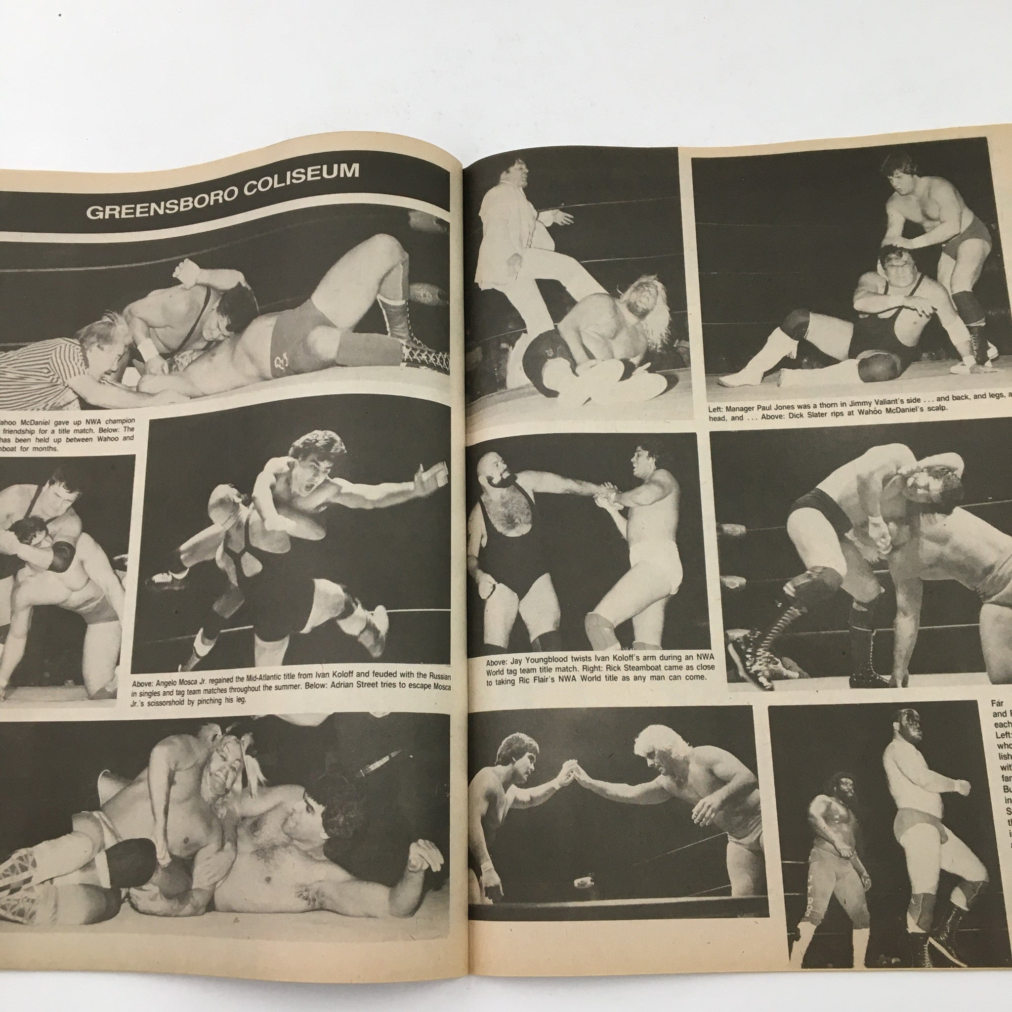 Action shots from Greensboro Coliseum illustrated in Sports Review Wrestling Magazine November 1984 with various wrestlers in the ring.