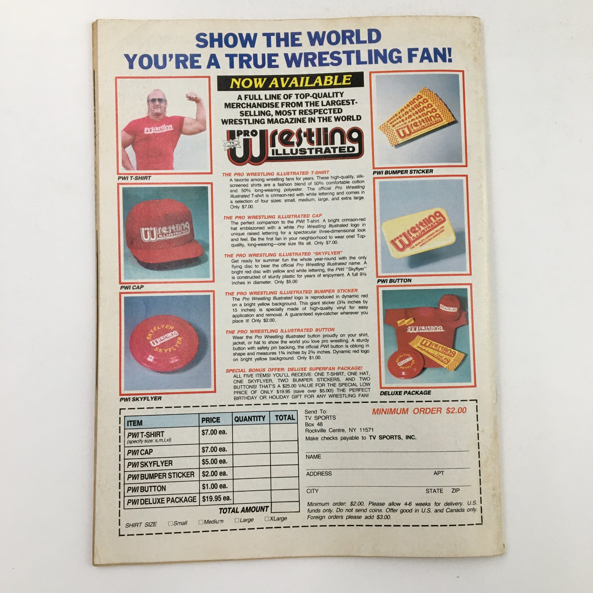 Back cover of Sports Review Wrestling Magazine November 1984 showcasing merchandise including T-shirts, caps, and buttons for wrestling fans.