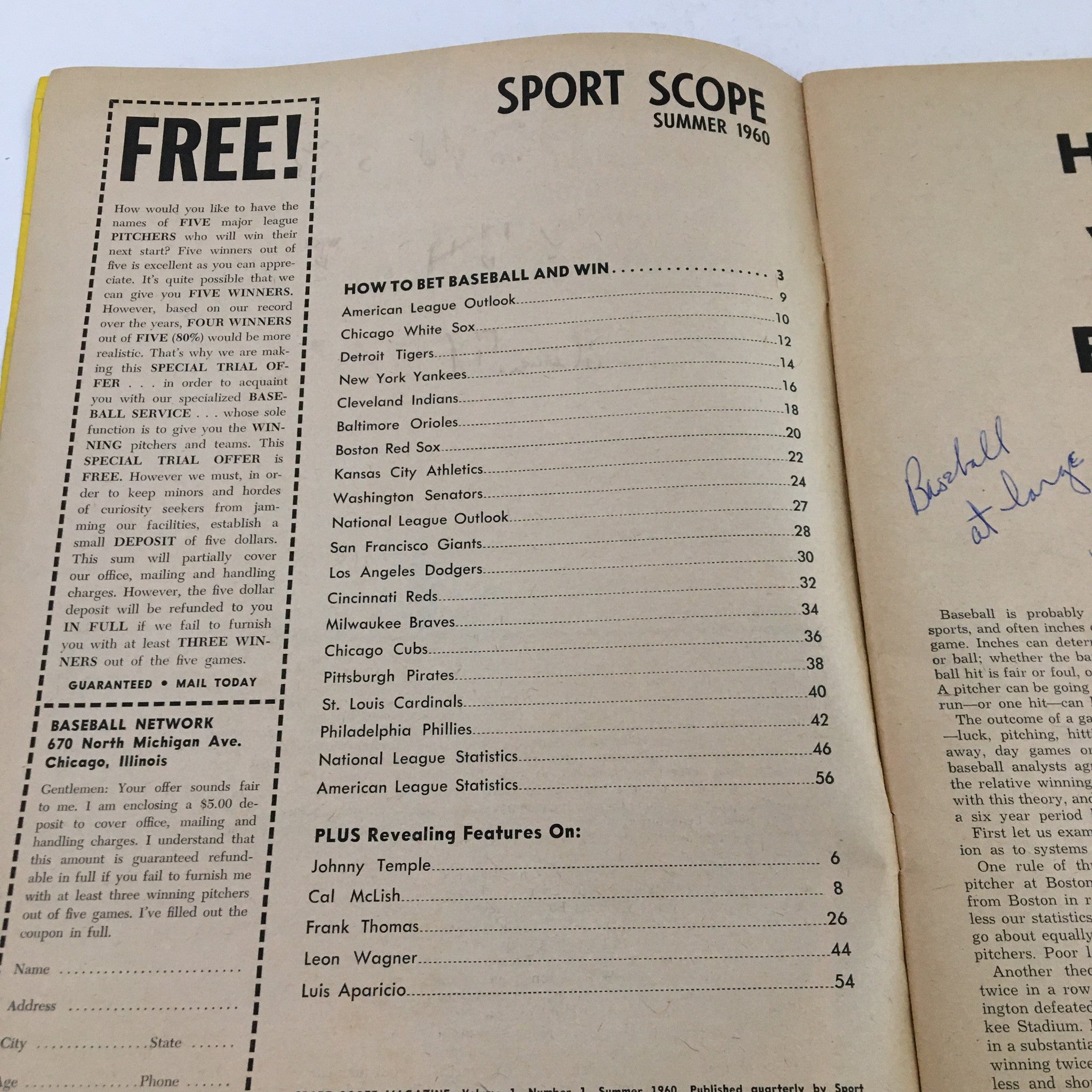 Sportscope Magazine Baseball 1960 How To Bet Baseball and Win No Label