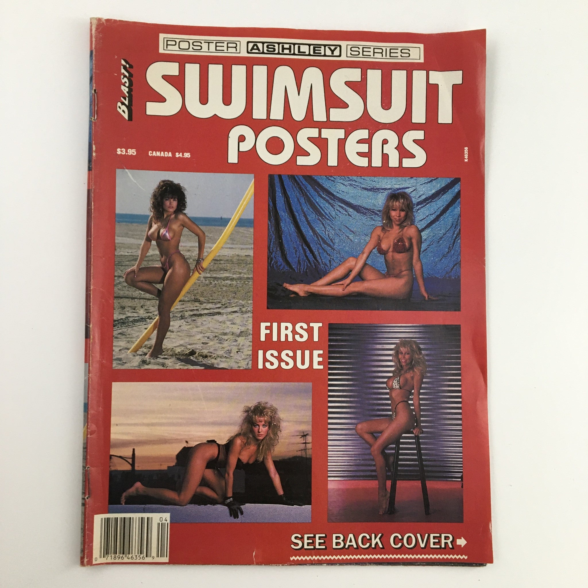 Cover of the Blast Swimsuit Posters Magazine from 1986, showcasing the Ashley Series with striking images of models in swimwear, featuring the text 'FIRST ISSUE' prominently. Ideal for collectors of vintage magazines.