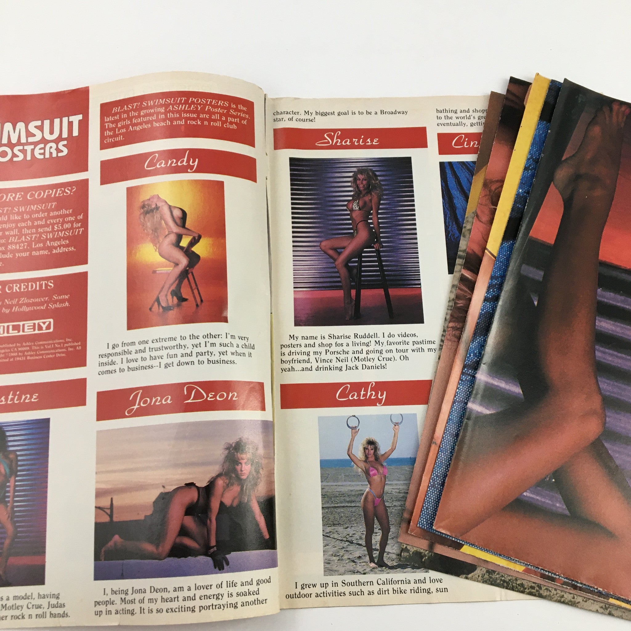 Page from Blast Swimsuit Posters Magazine 1986 Ashley Series showcasing models Candy, Jona Deon, and Cathy, featuring vintage swimwear and iconic styling of the mid-1980s.