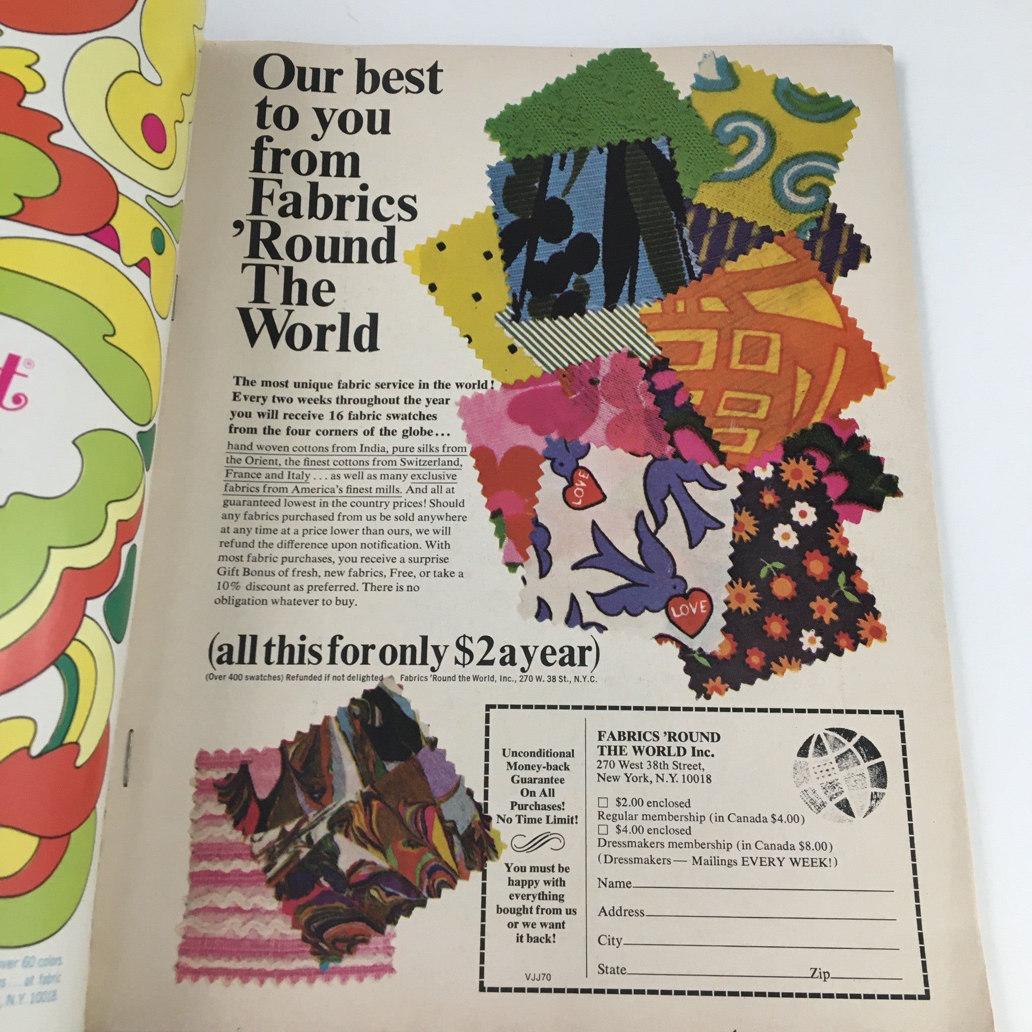 Fabrics 'Round The World advertisement featuring various colorful fabric swatches, showcasing fabric service and subscription details from the International Vogue Pattern Book June 1970 New Shapes for Sun Country.