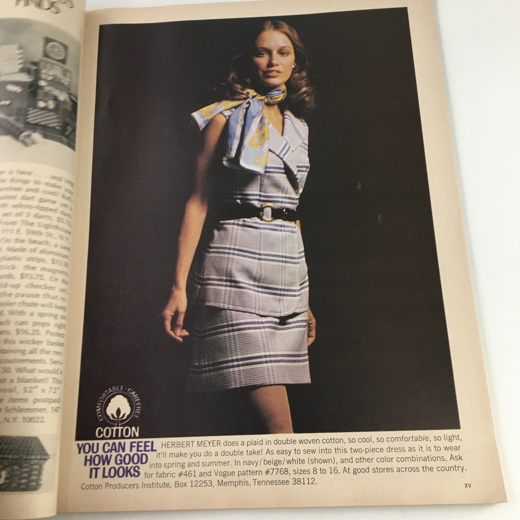 Model wearing a two-piece dress made of double woven cotton with a playful plaid design, promoting comfort and style in the International Vogue Pattern Book June 1970 New Shapes for Sun Country.