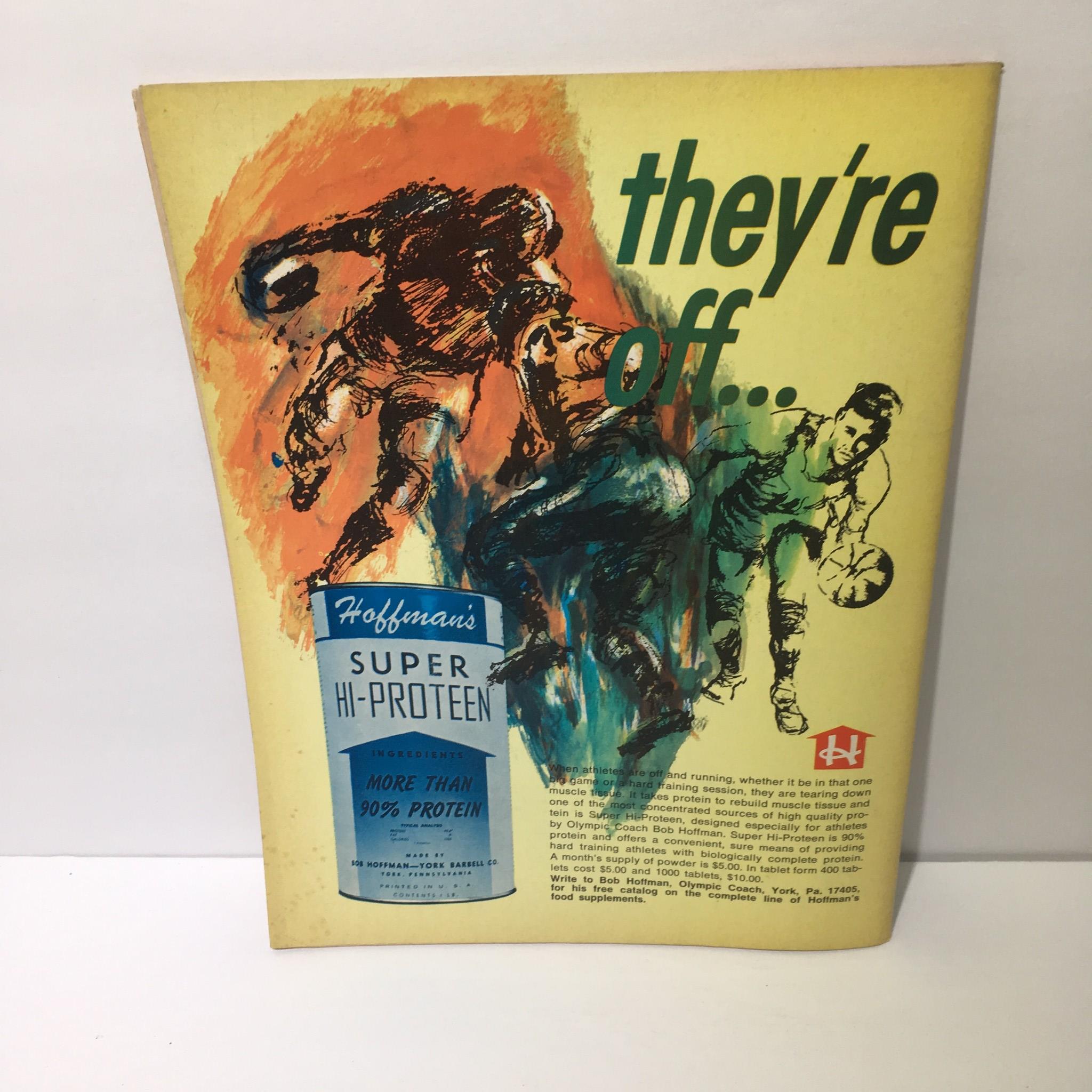 Artistic advertisement for Hoffman's Super Hi-Protein featured in the Muscular Development Magazine, November 1970, illustrating the integration of nutrition into fitness.