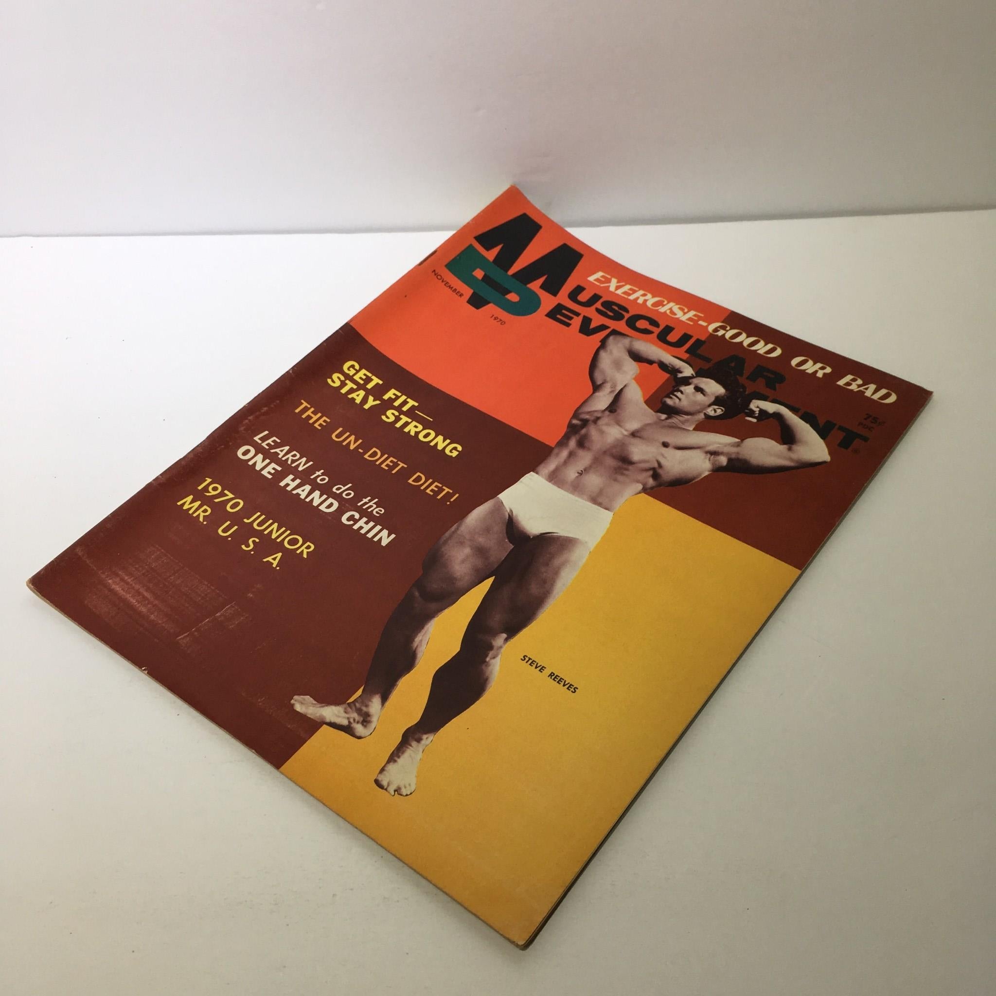 Front cover of the Muscular Development Magazine with visual focus on Steve Reeves, representing the classic bodybuilding magazine from November 1970 showcasing fitness tips.