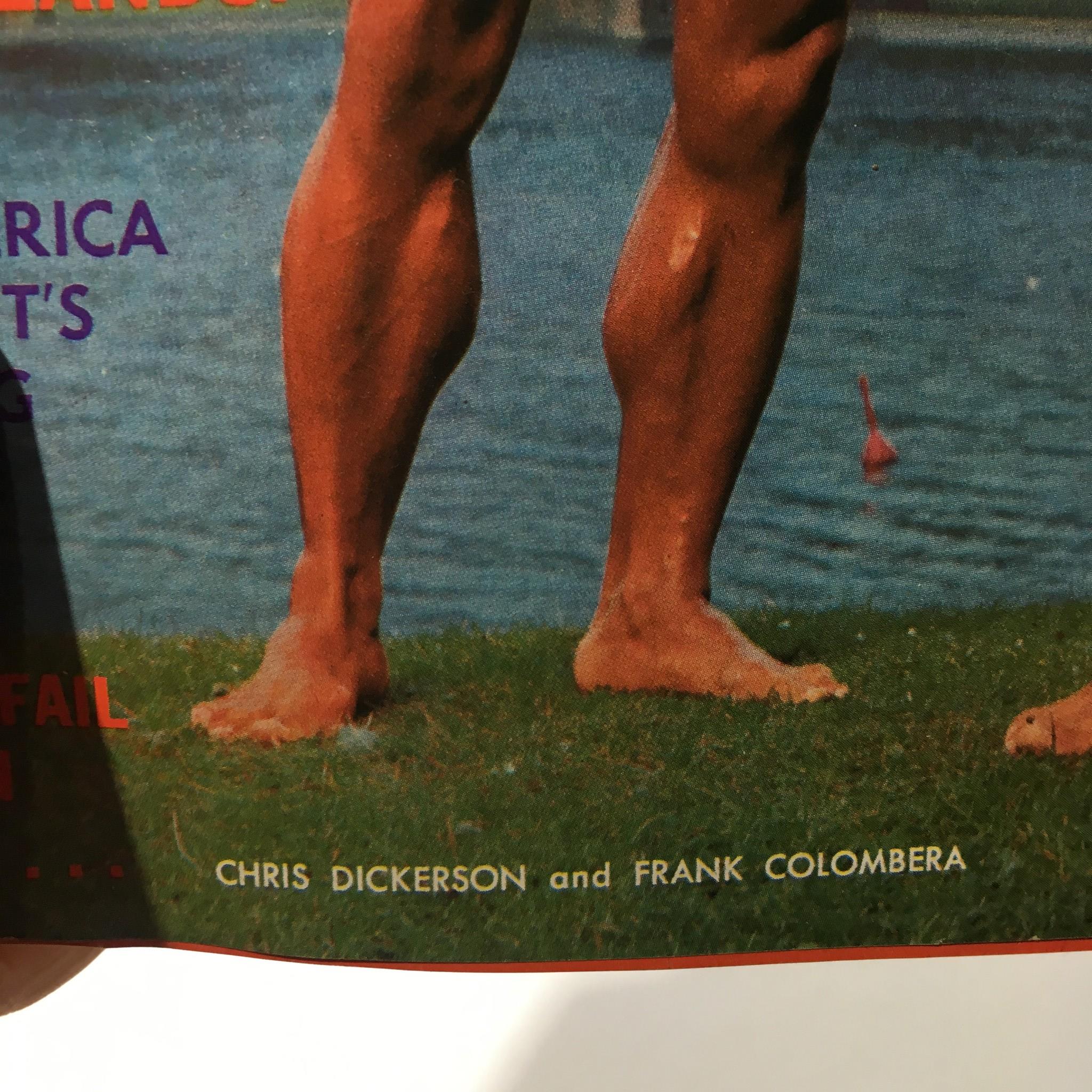 Close-up of muscular legs from the June 1972 issue of Muscular Development Magazine featuring Chris Dickerson and Frank Colombera, highlighting peak bodybuilding conditioning.
