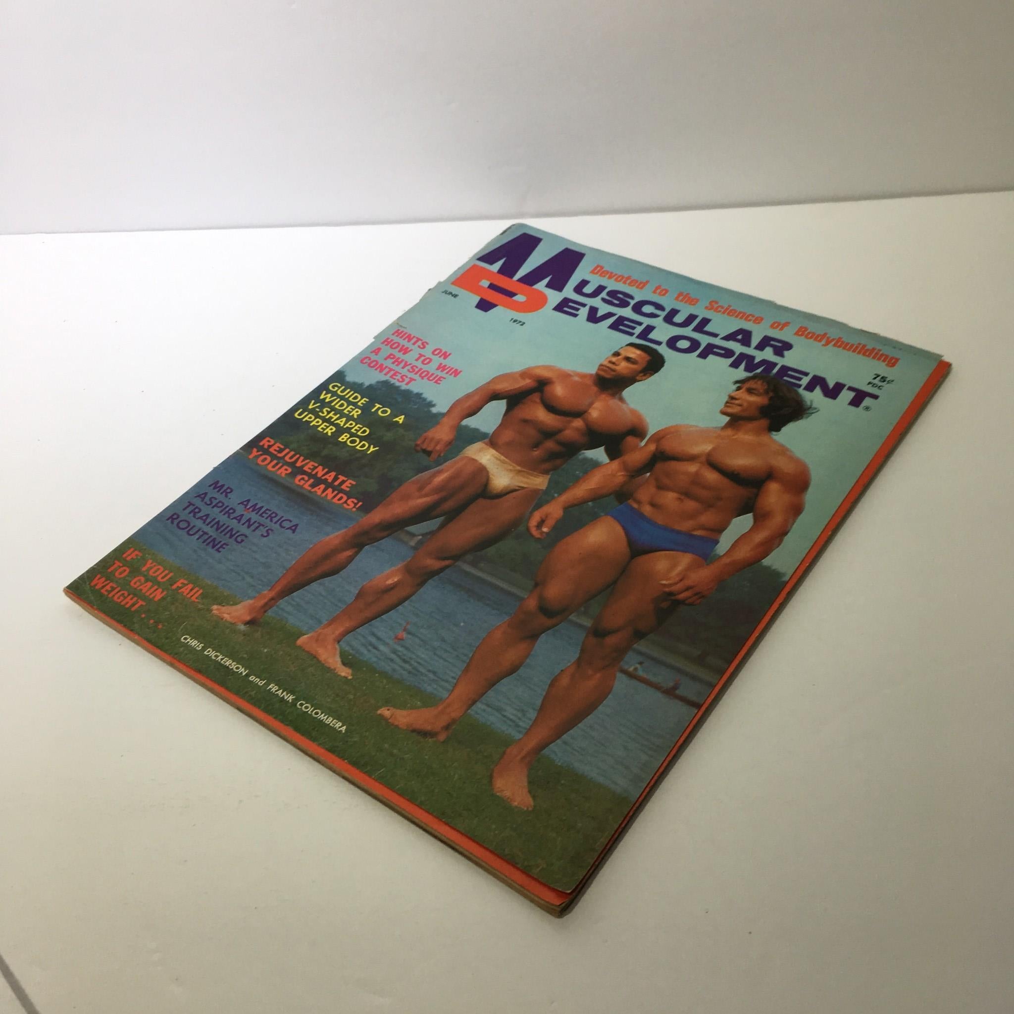 Front cover of Muscular Development Magazine from June 1972, featuring Chris Dickerson and Frank Colombera posing together outdoors by a lake, promoting bodybuilding and fitness culture.
