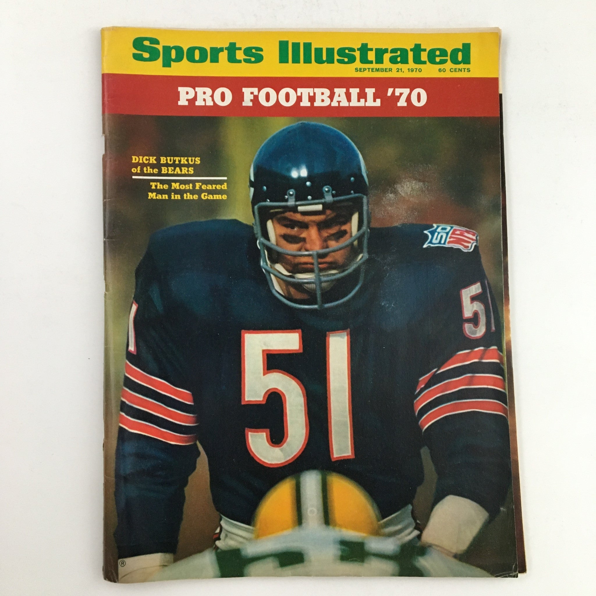 Cover of Sports Illustrated Magazine September 21 1970 featuring Dick Butkus of the Bears. The cover includes the title 'PRO FOOTBALL '70' along with the tagline 'The Most Feared Man in the Game'.