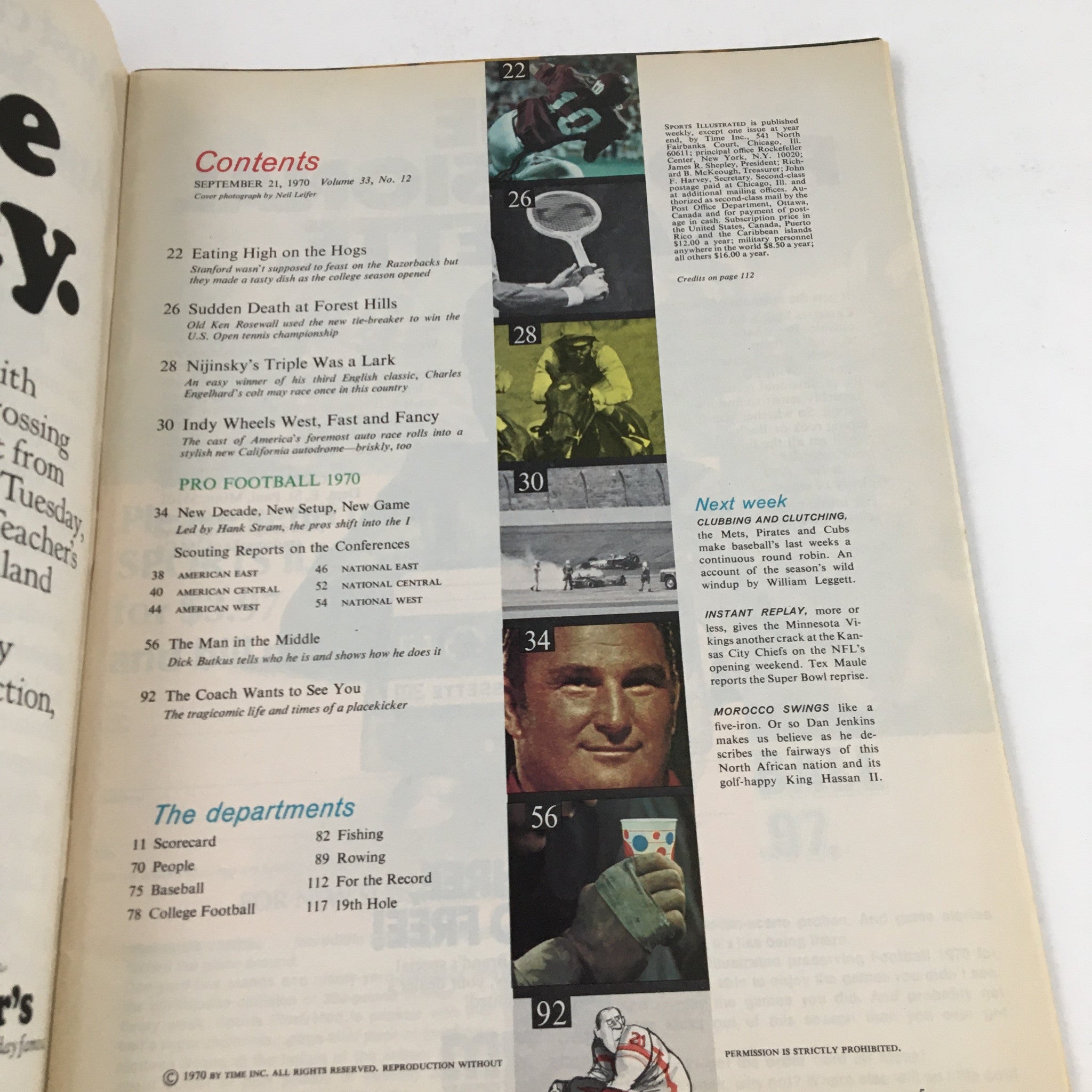 Contents page of Sports Illustrated Magazine September 21 1970, outlining features including 'Pro Football 1970' and articles related to sports history, including Dick Butkus.