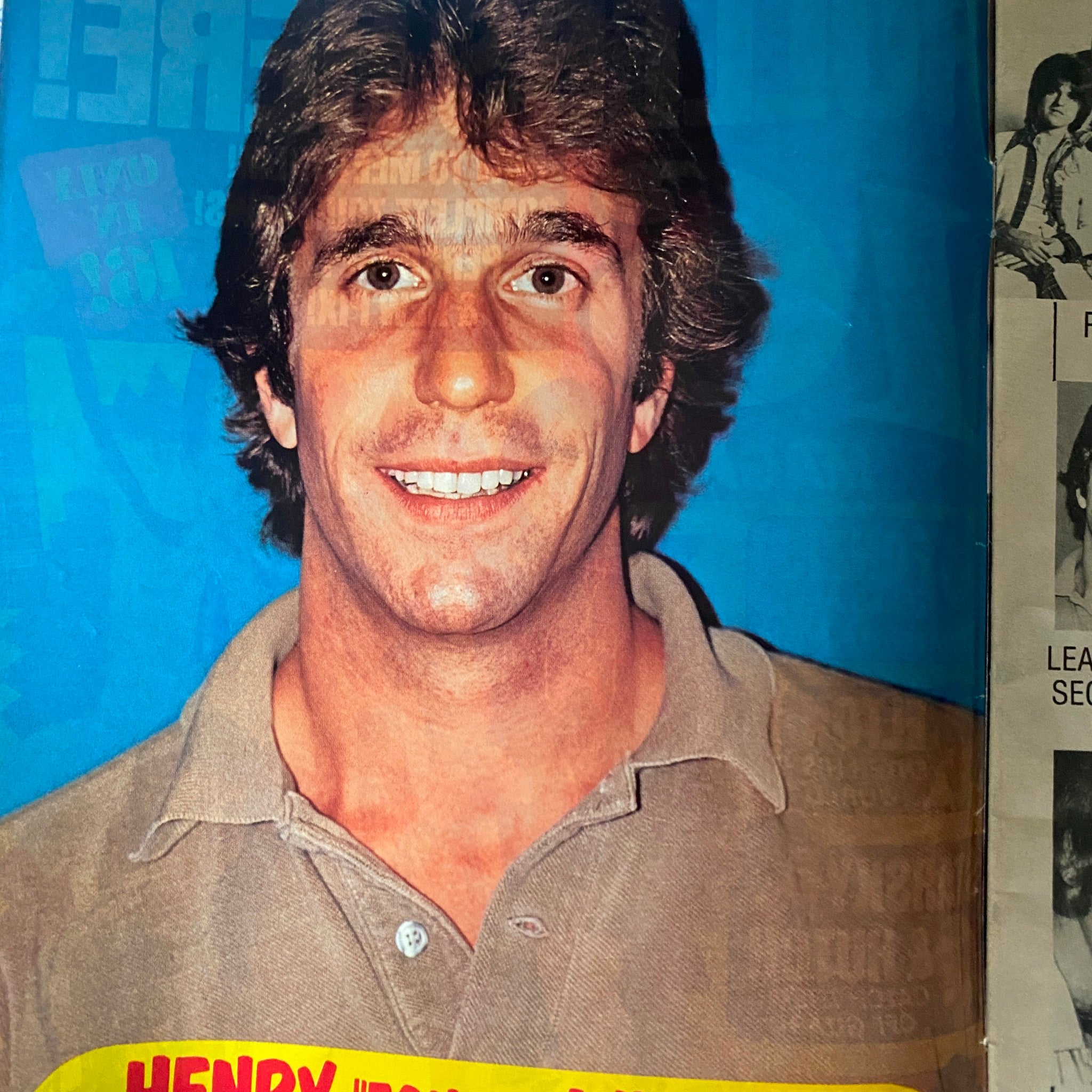 Image of Henry Winkler, known as Fonzie, featured in VTG 16 Magazine May 1976 with a blue background.