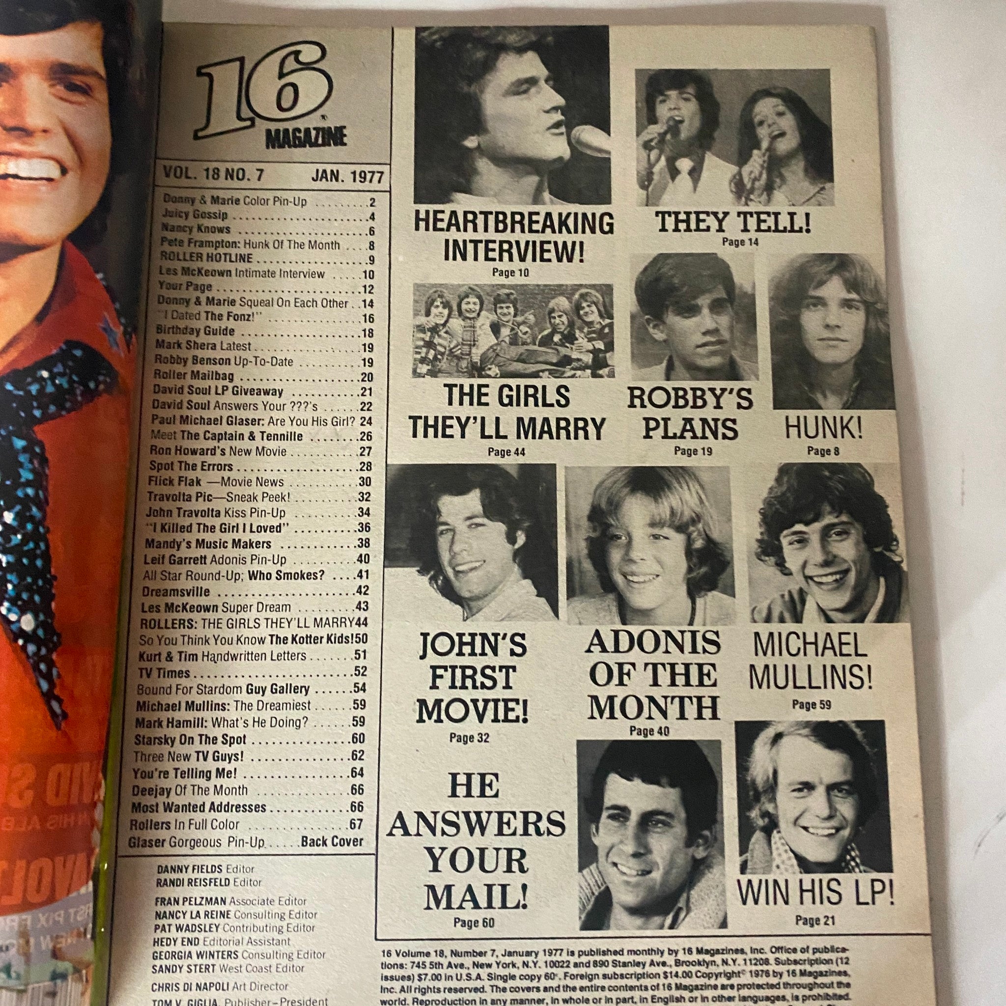 VTG 16 Magazine January 1977 Donny & Marie, Peter Frampton VG w Poster No Label