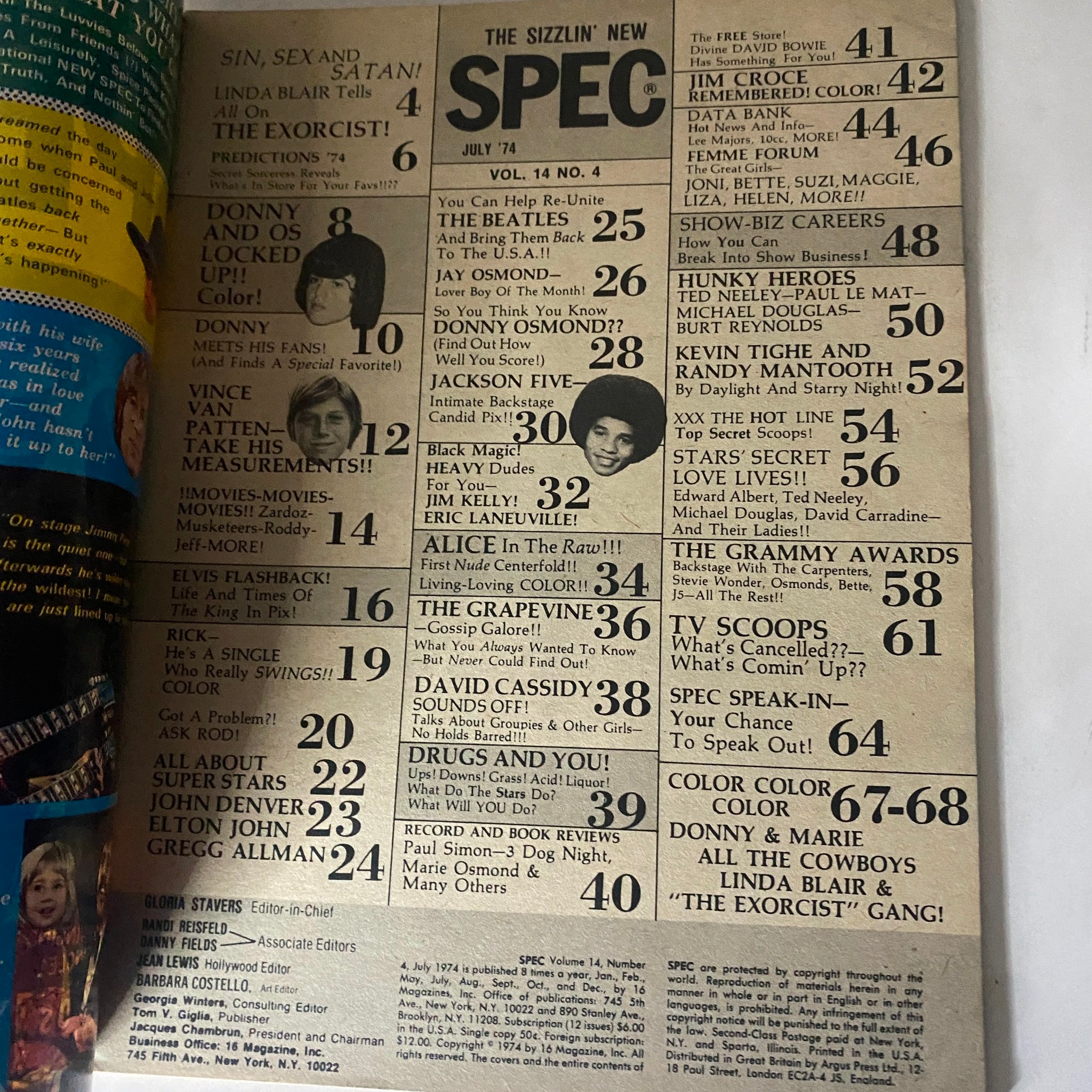 Inside page of VTG 16 SPEC Magazine July 1974 showing the table of contents, featuring articles and highlights from the entertainment scene.