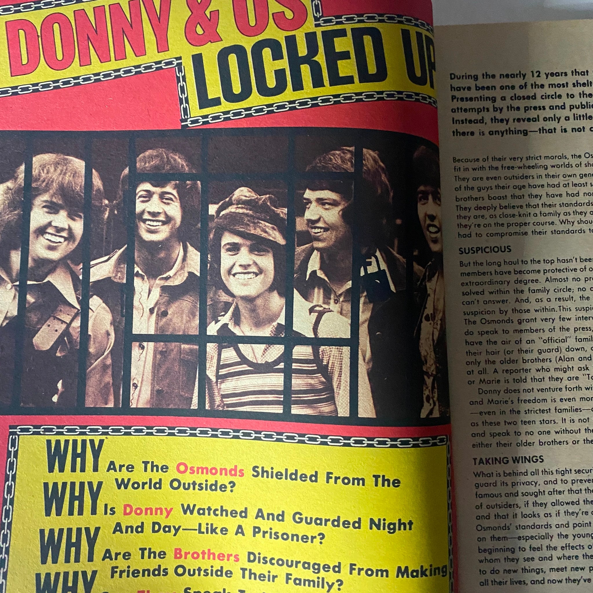 Magazine spread from VTG 16 SPEC Magazine July 1974 discussing Donny Osmond with a prominent headline on being 'Locked Up'.