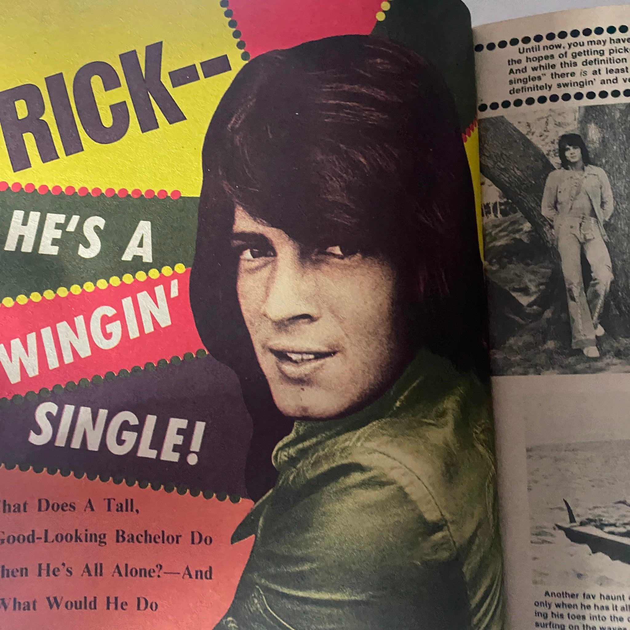 VTG 16 SPEC Magazine July 1974 featuring a striking cover image of a young man with long hair, headshot styled with bold text announcing 'He's a Swingin' Single!' A nostalgic collectible for fans of 70s pop culture.