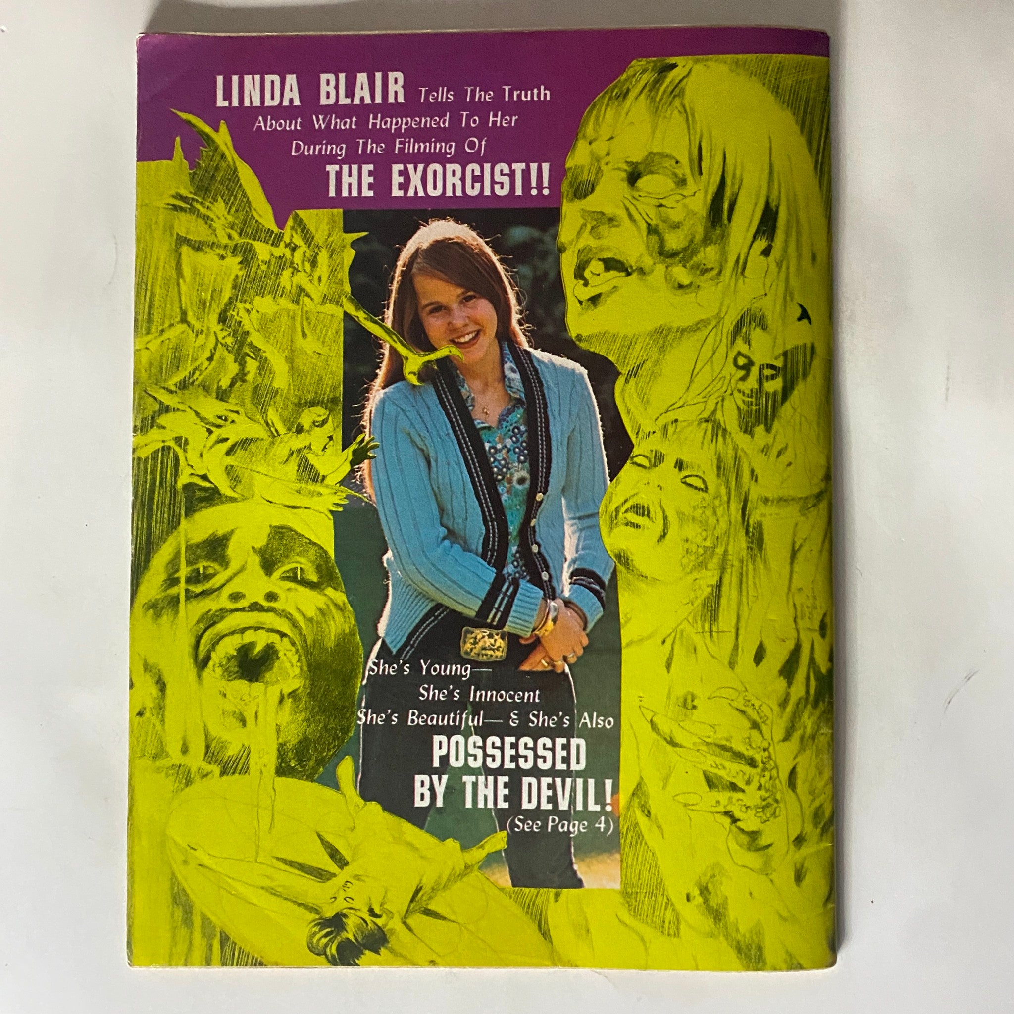 VTG 16 SPEC Magazine July 1974 cover highlighting Linda Blair with dramatic artwork from 'The Exorcist', portraying her as 'possessed by the devil'. A vintage magazine cherished by collectors of classic cinema and horror films.