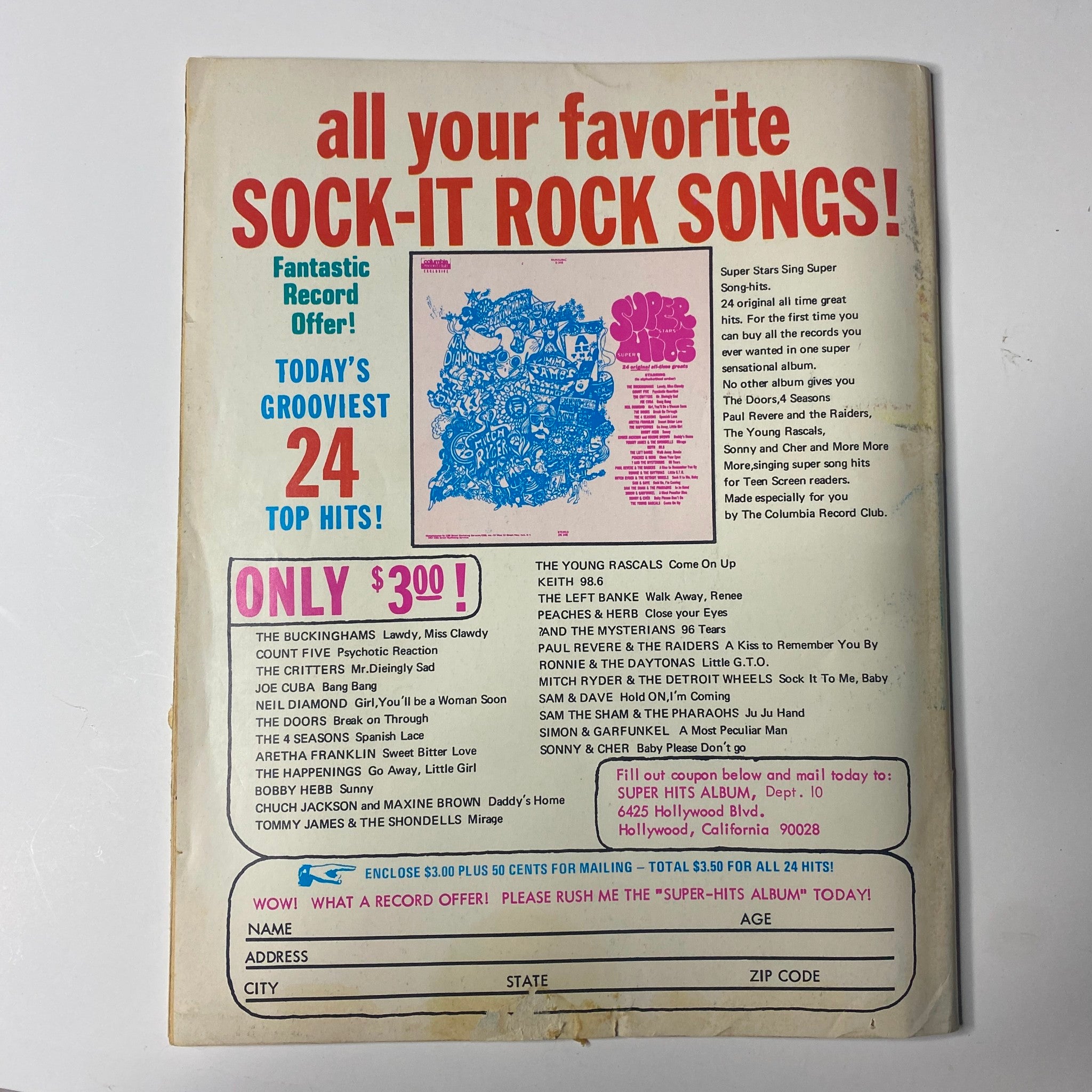Back cover of Teen Screen Magazine September 1968, advertising popular rock songs and music offers.