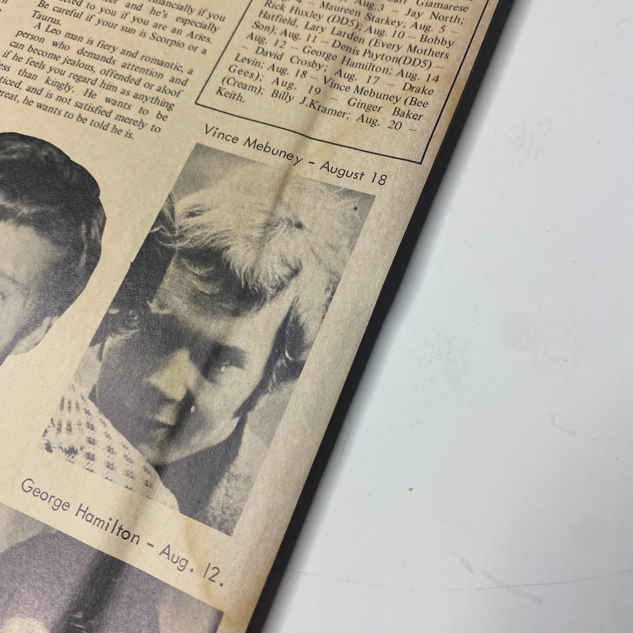 Vintage photograph of Vince Mebuney featured in Teen Screen Magazine August 1968, capturing the essence of 1960s pop culture.