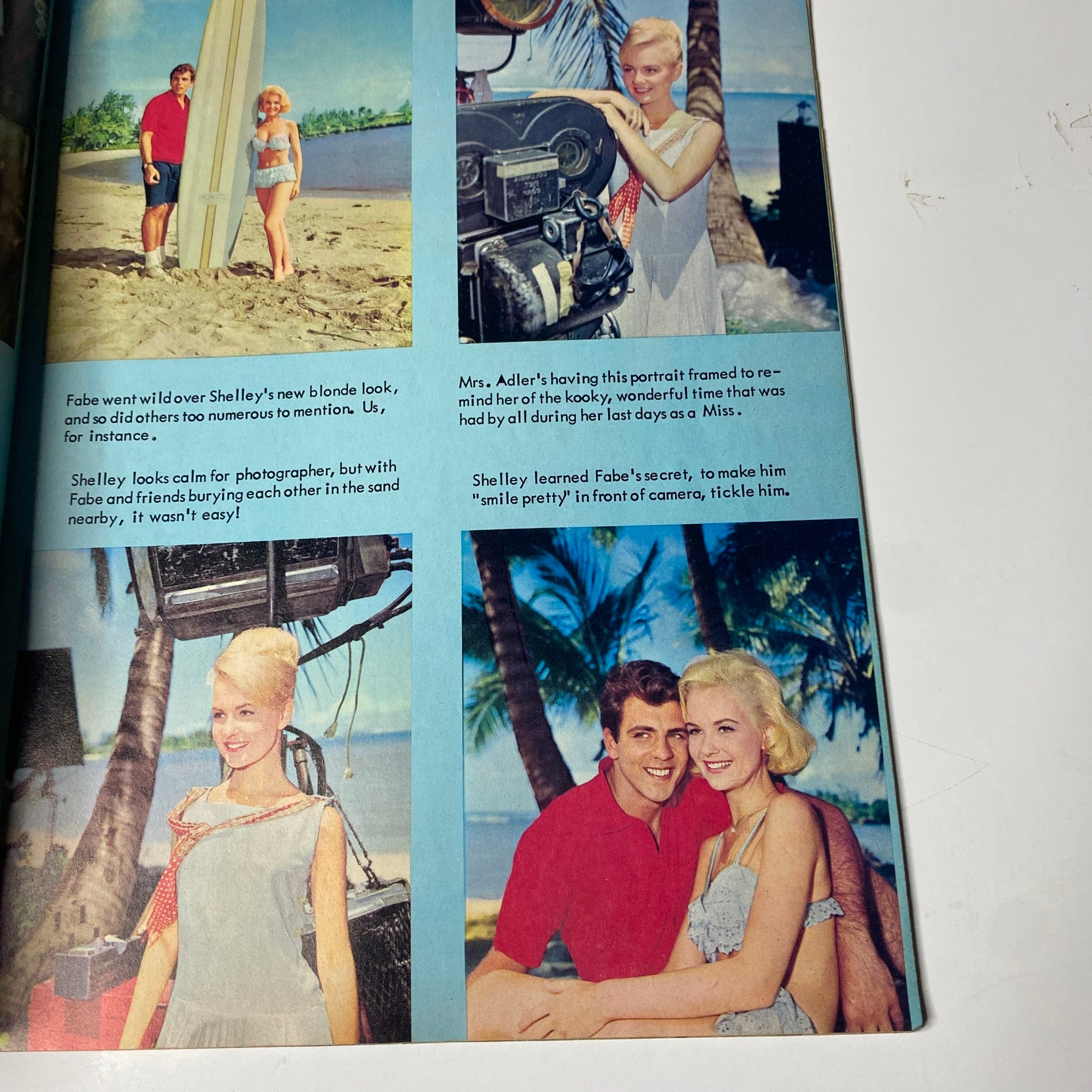 Vintage photographs from Teen Screen Magazine August 1964, showcasing models and behind-the-scenes moments. Features images of Shelley Fabares and John Andrea in coastal settings, emphasizing the magazine's mix of celebrity features and fashion.