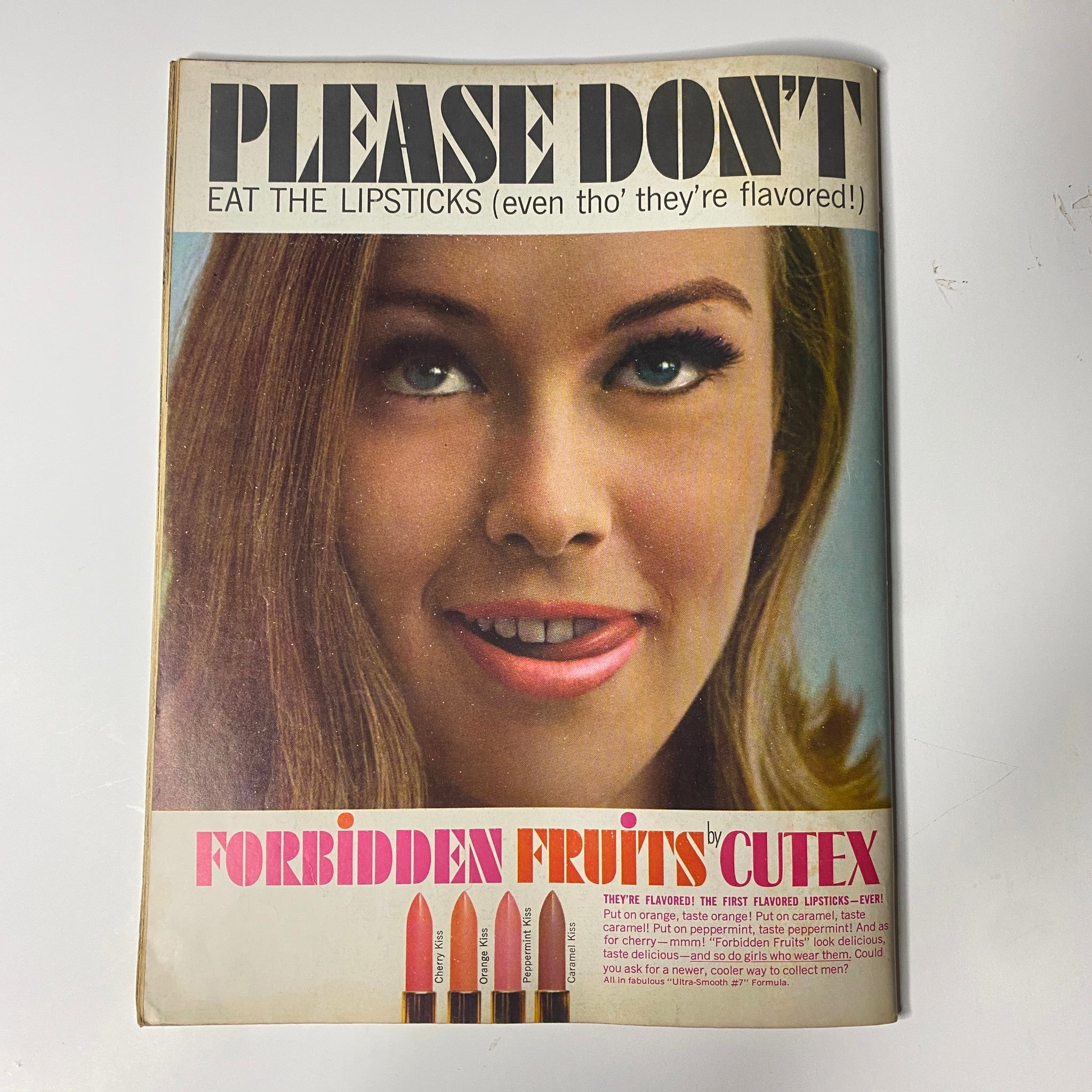 Teen Screen Magazine August 1964 with a vintage advertisement for Forbidden Fruits Cutex lipsticks, featuring a glamorous model playfully posing.